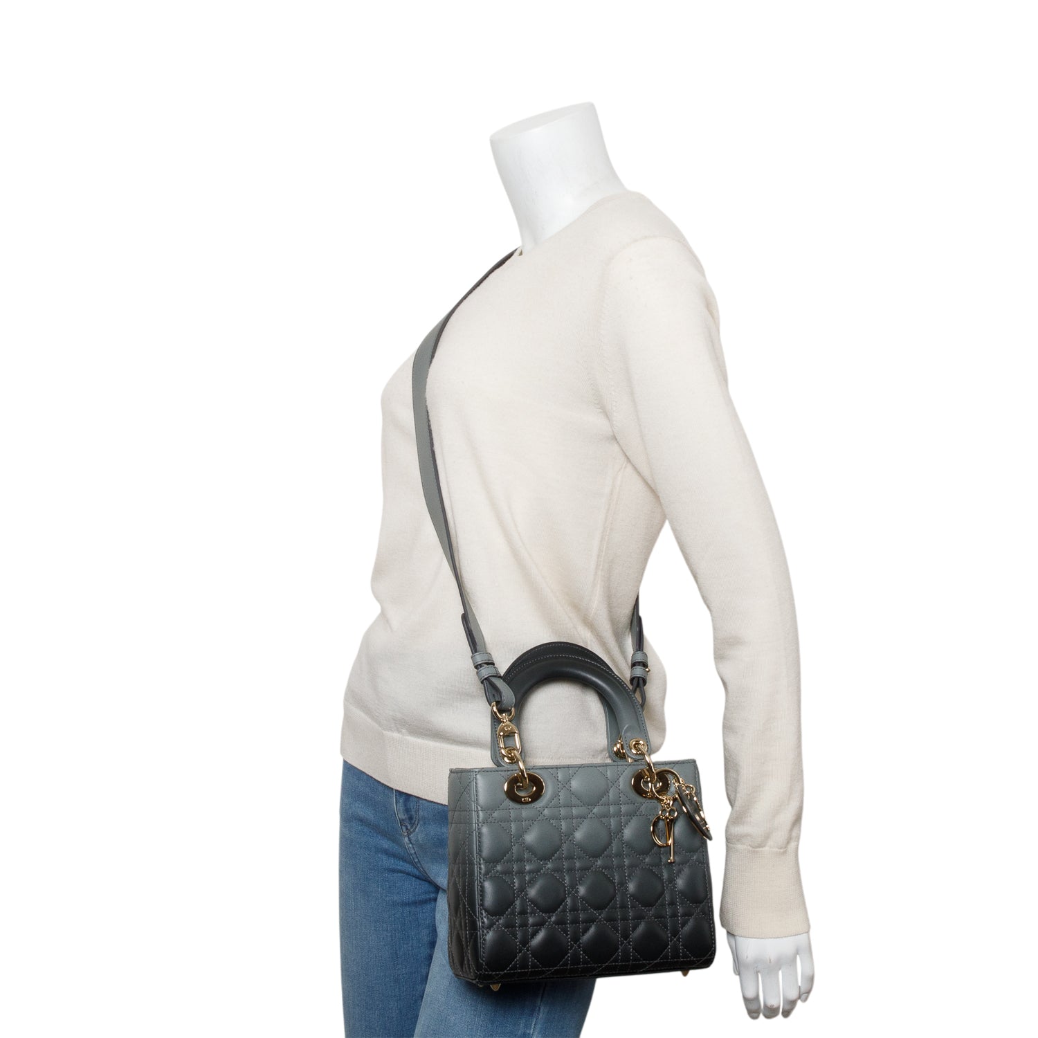 Christian Dior Grey Gradient Cannage Lambskin Leather Small Lady Dior My ABCDior Bag w/ Strap