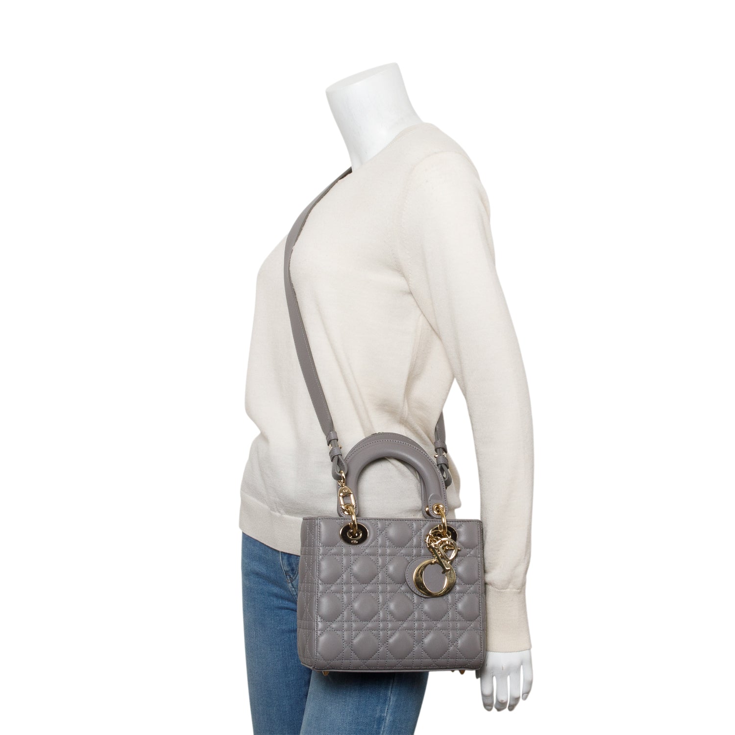 Christian Dior Grey Cannage Lambskin Leather Small Lady Dior My ABCDior Bag w/ Strap & Box