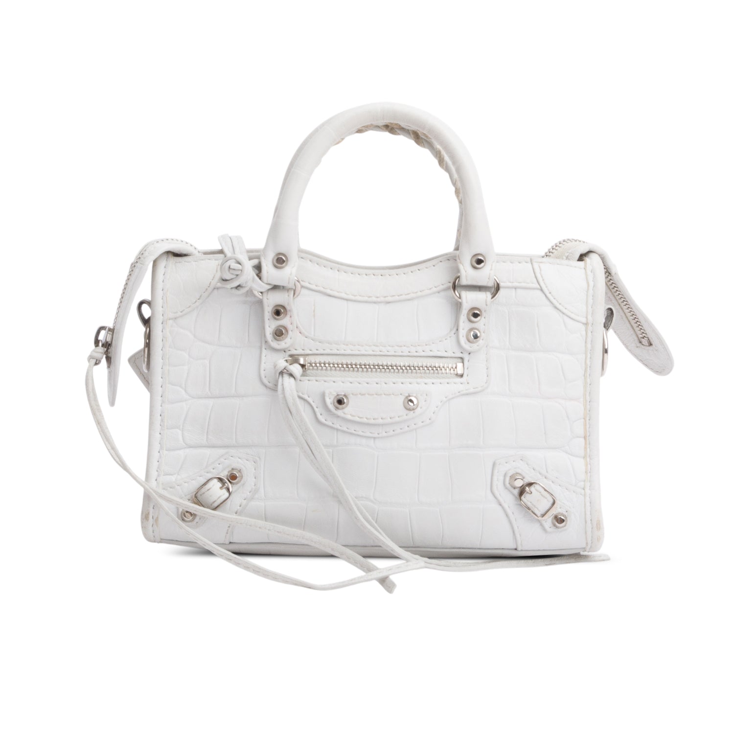 Balenciaga White Croc-Embossed Classic Nano City Bag