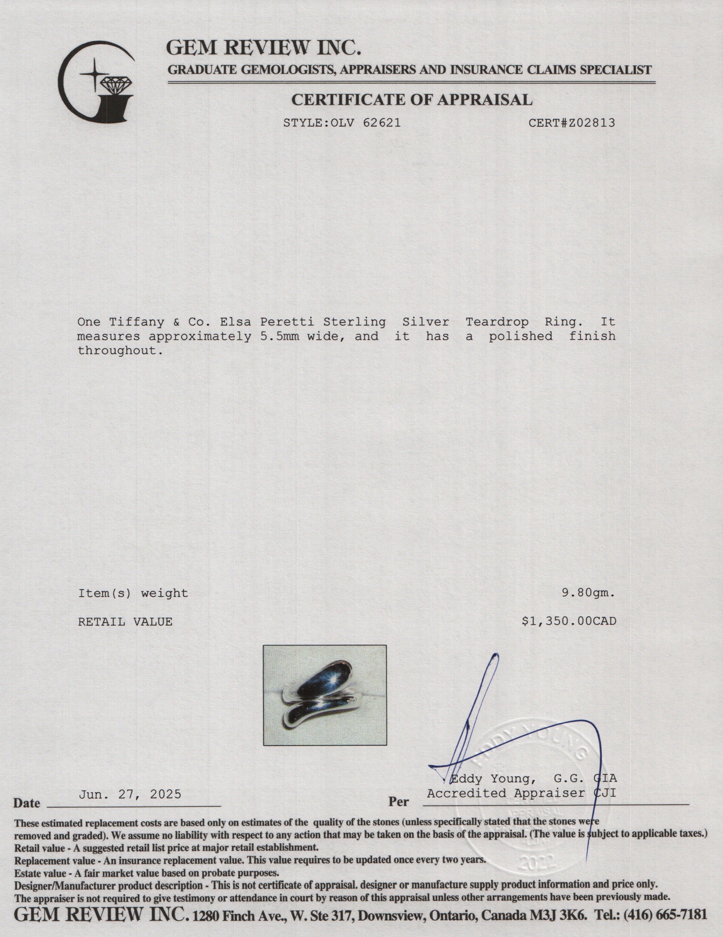 Tiffany & Co. Elsa Peretti Sterling Silver Teardrop Ring, Size 5