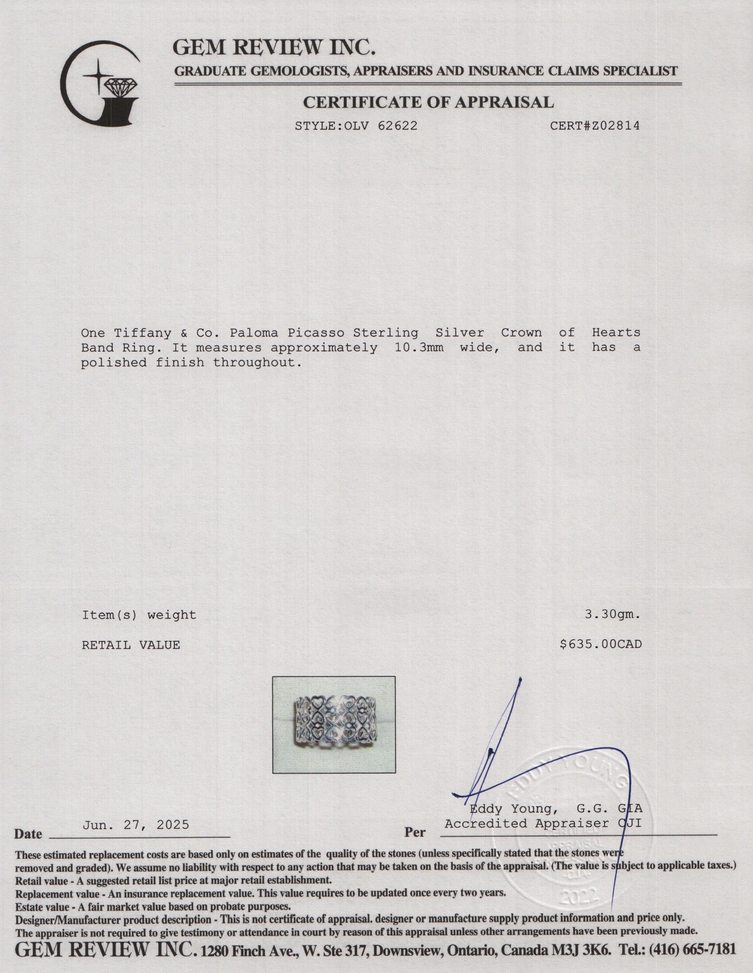 Tiffany & Co. Paloma Picasso Sterling Silver Crown of Hearts Band Ring, Size 6