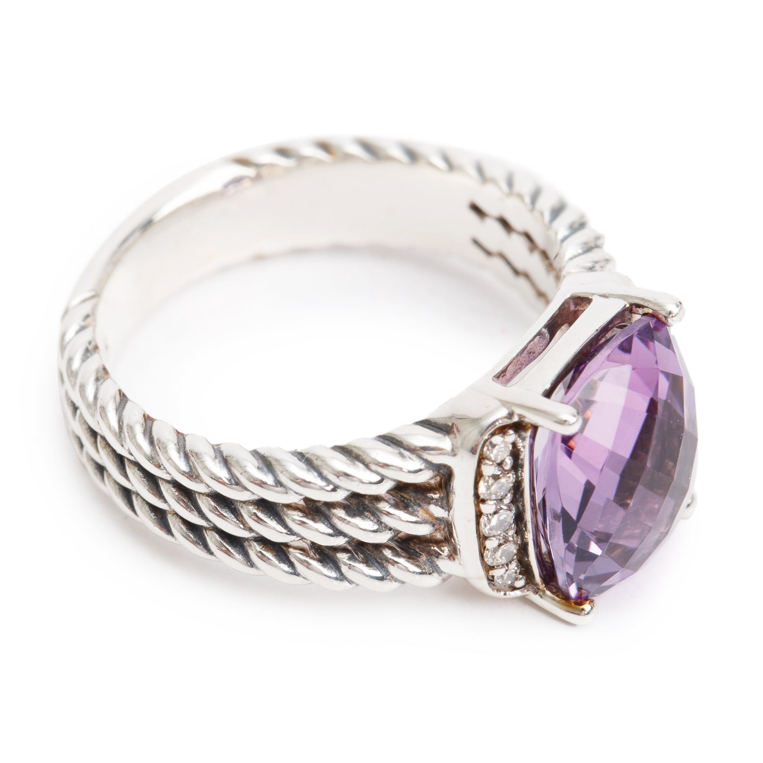 David Yurman Sterling Amethyst & Diamond Petite Wheaton Band Ring, 10 MM Size 5.75