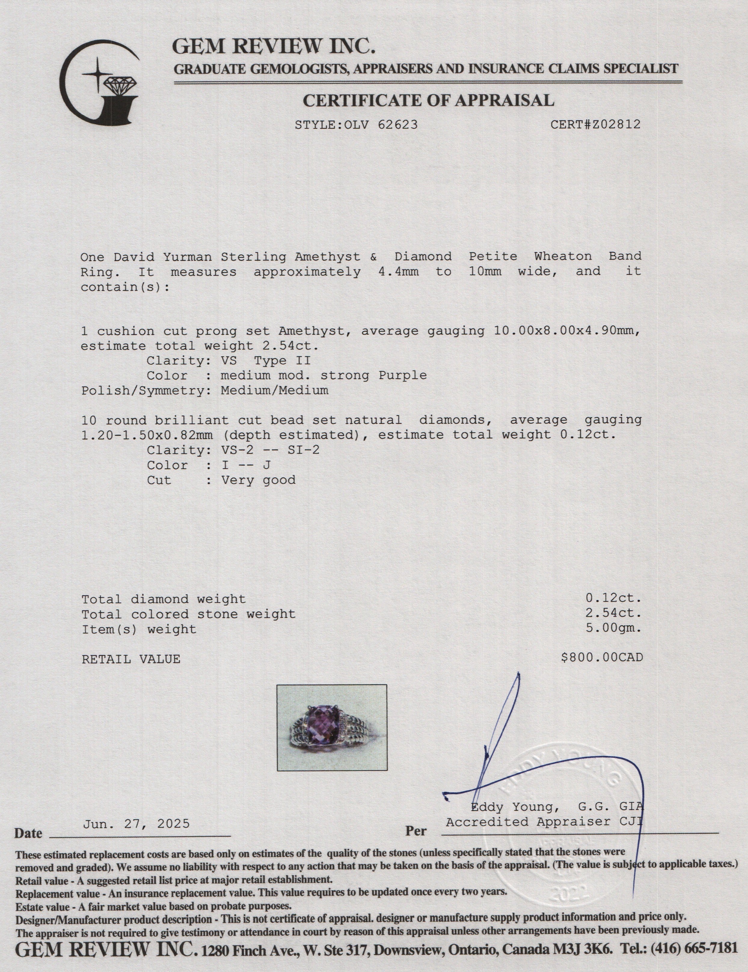 David Yurman Sterling Amethyst & Diamond Petite Wheaton Band Ring, 10 MM Size 5.75