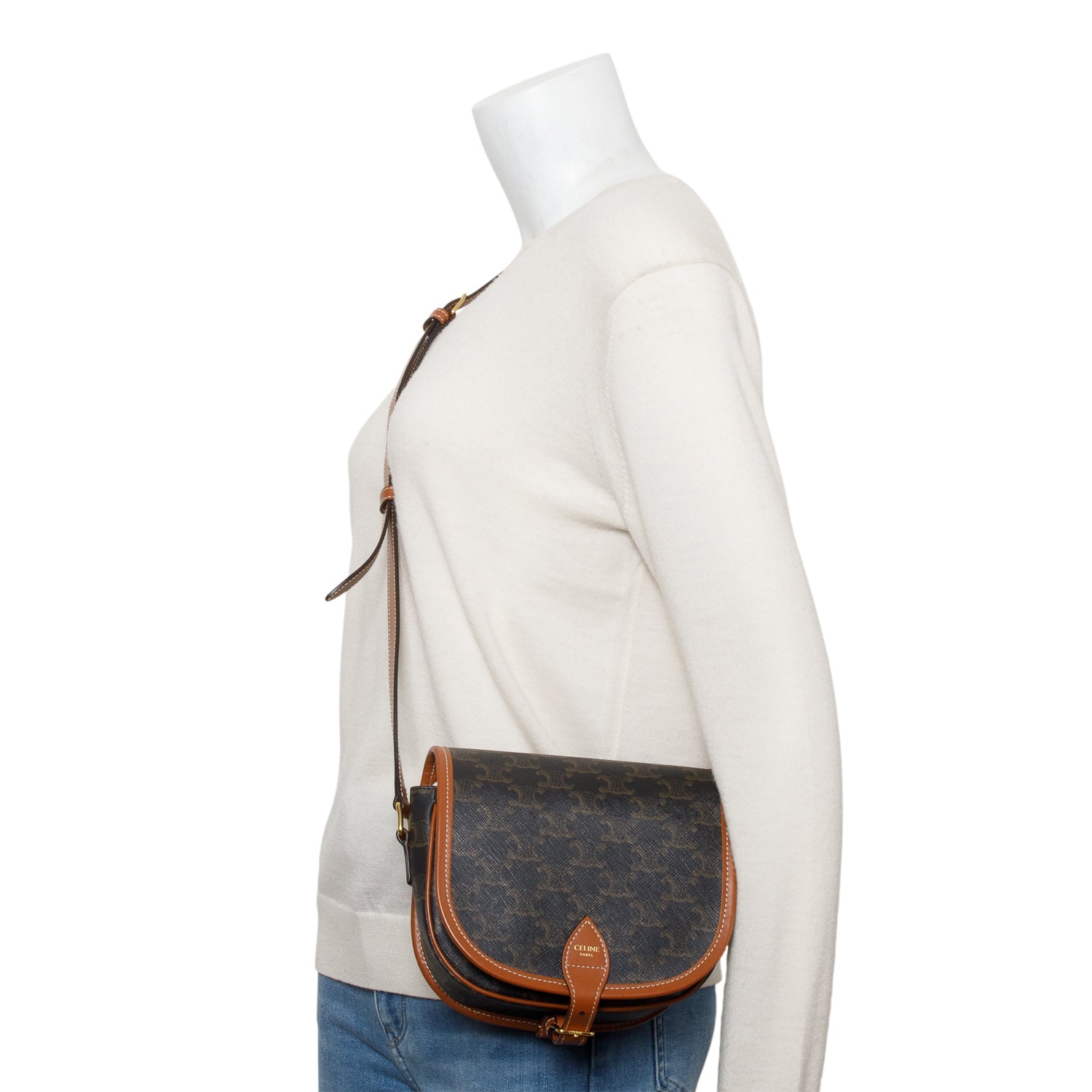 Celine 2021 Tan Triomphe Canvas and Calfskin Leather Medium Folco Crossbody Bag