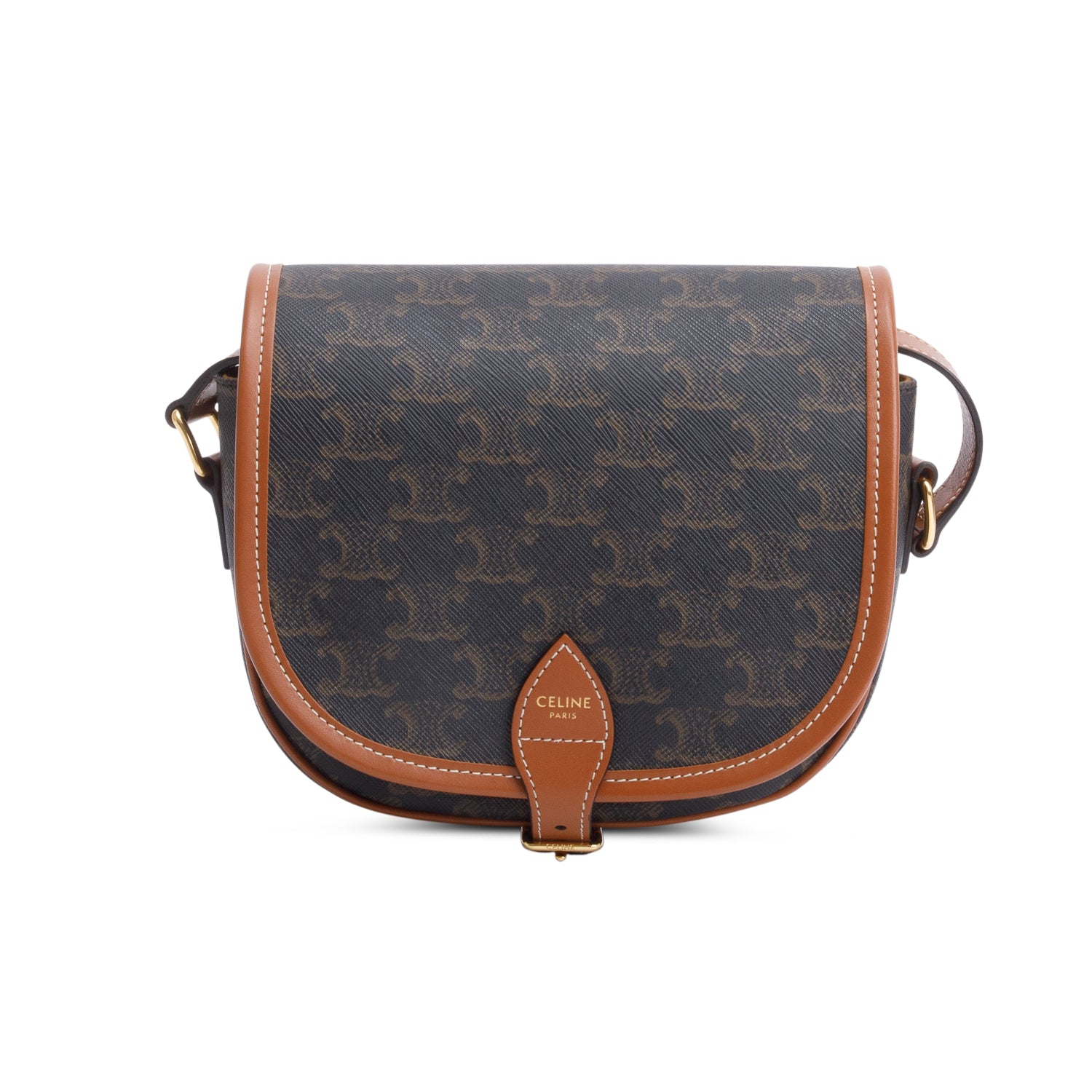 Celine 2021 Tan Triomphe Canvas and Calfskin Leather Medium Folco Crossbody Bag