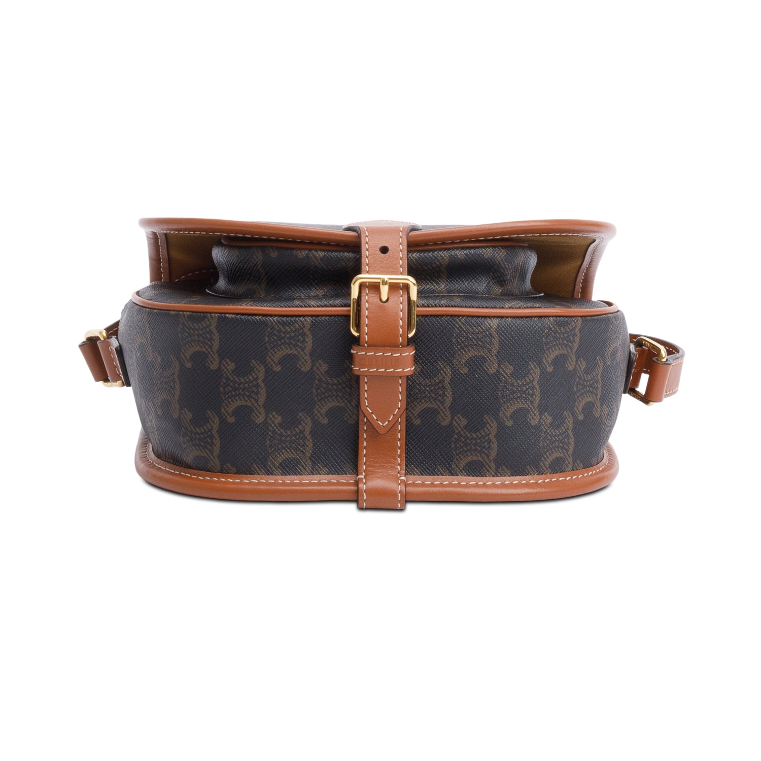 Celine 2021 Tan Triomphe Canvas and Calfskin Leather Medium Folco Crossbody Bag