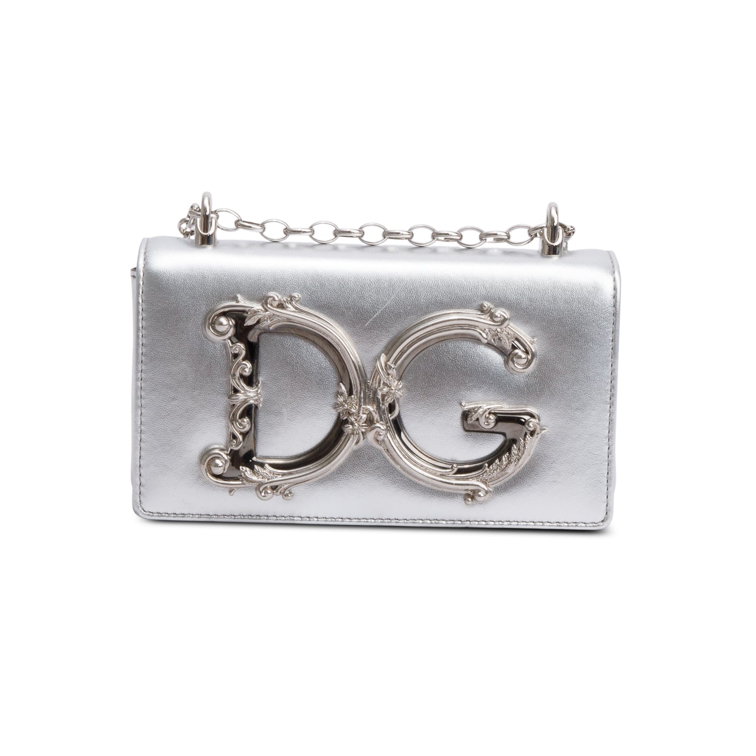 Dolce & Gabbana Metallic Silver Calfskin Leather DG Girls Phone Crossbody Bag