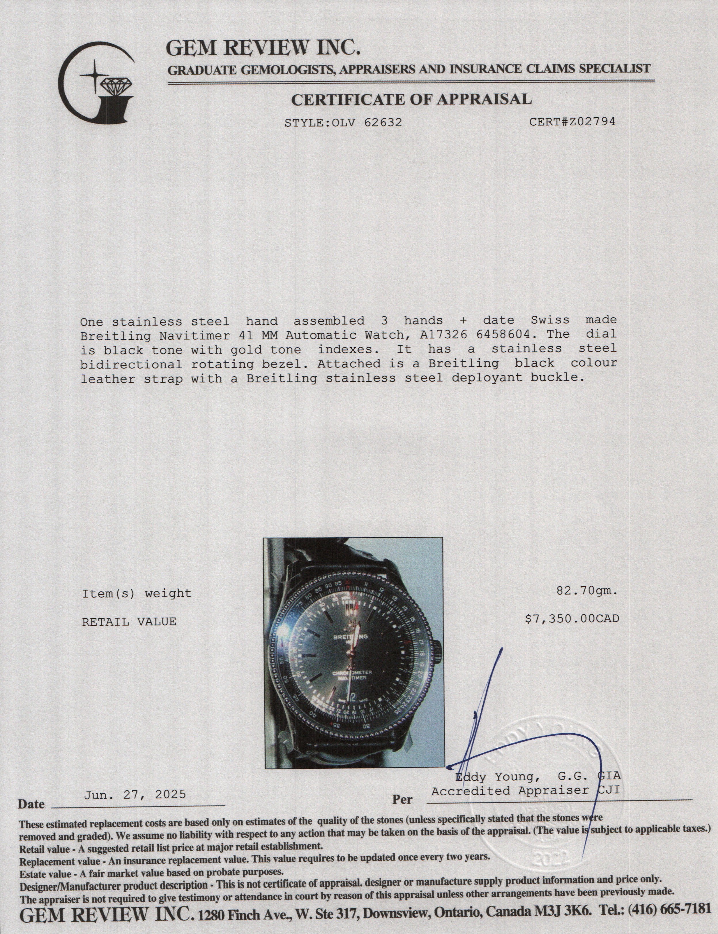 Breitling Stainless Steel Navitimer 41 MM Automatic Watch Black Dial A17326 w/ Box & Papers