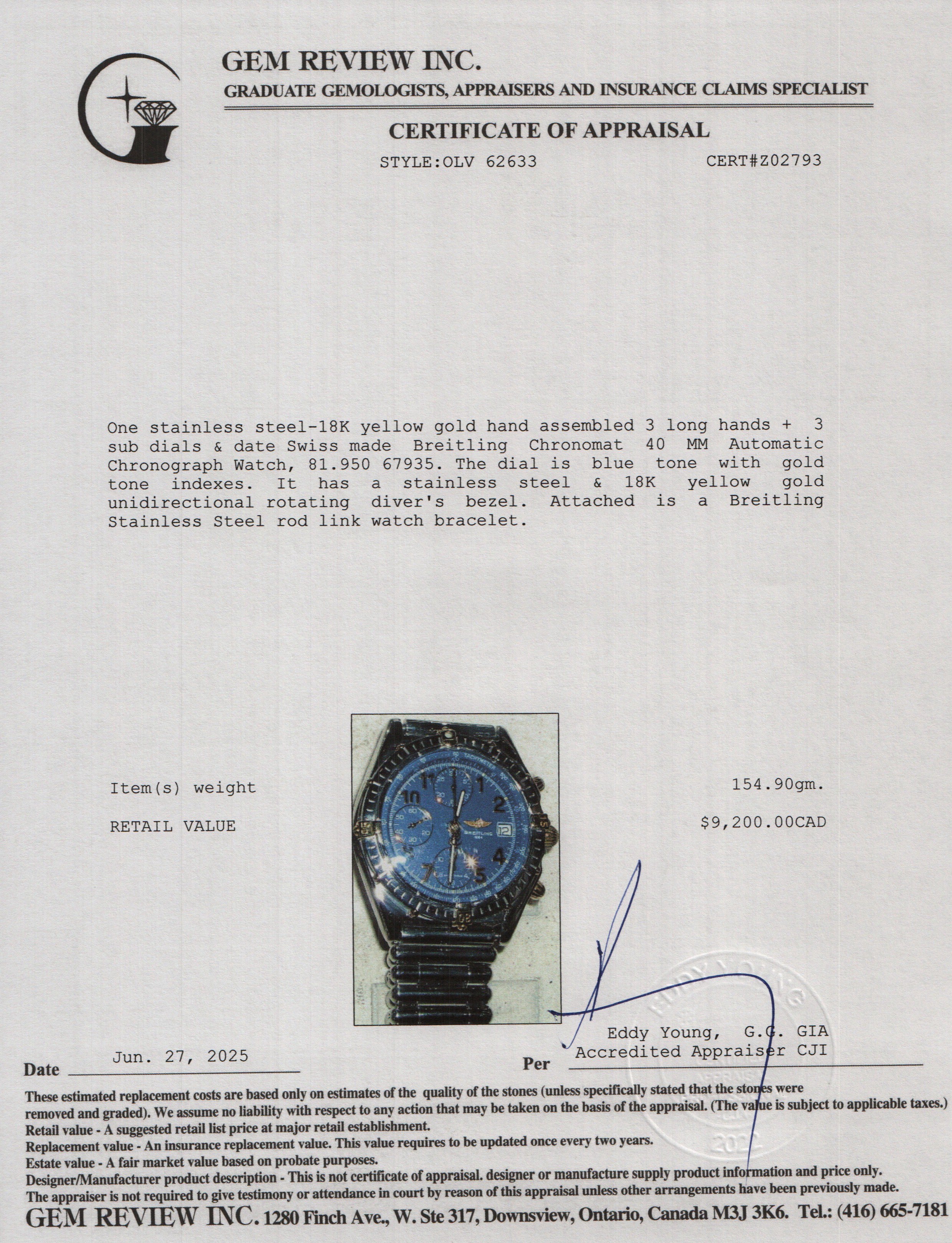 Breitling Stainless Steel & 18k Yellow Gold Chronomat 40 MM Automatic Chronograph Blue Dial Watch