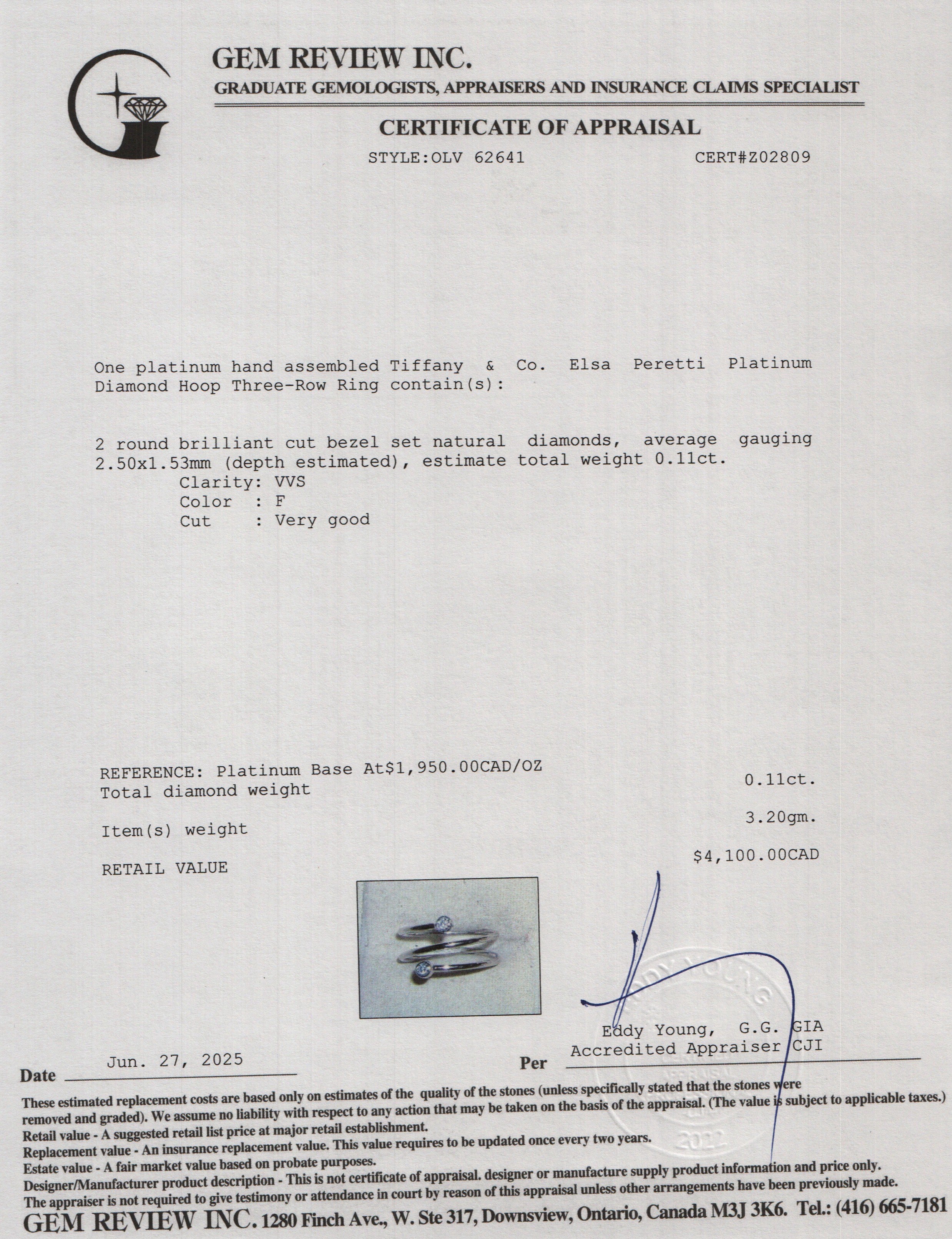 Tiffany & Co. Elsa Peretti Platinum Diamond Hoop Three-Row Ring, Size 6.5 w/ Box