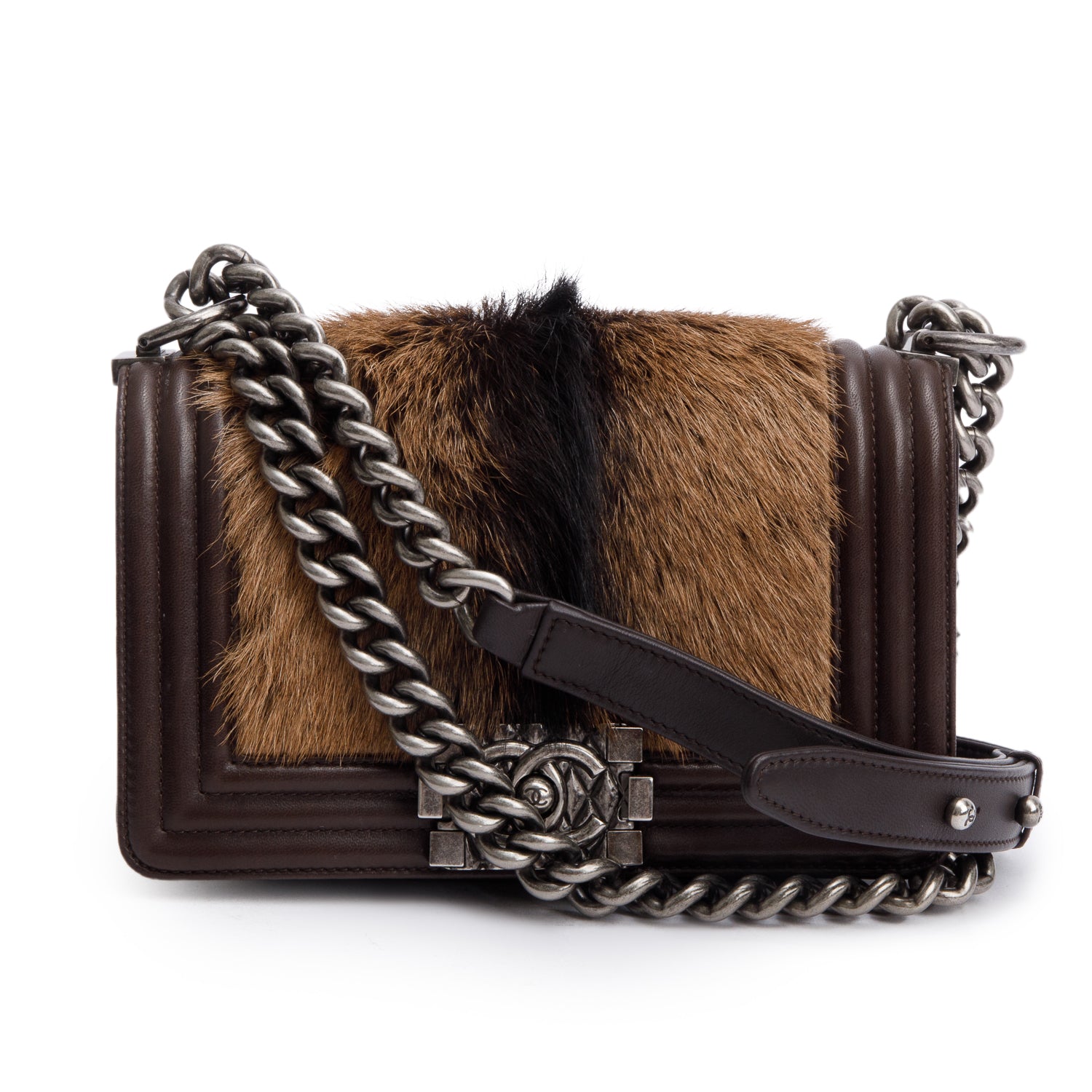 Chanel Brown Lambskin Leather Ponyhair Small Boy Bag w/ Authenticity Card