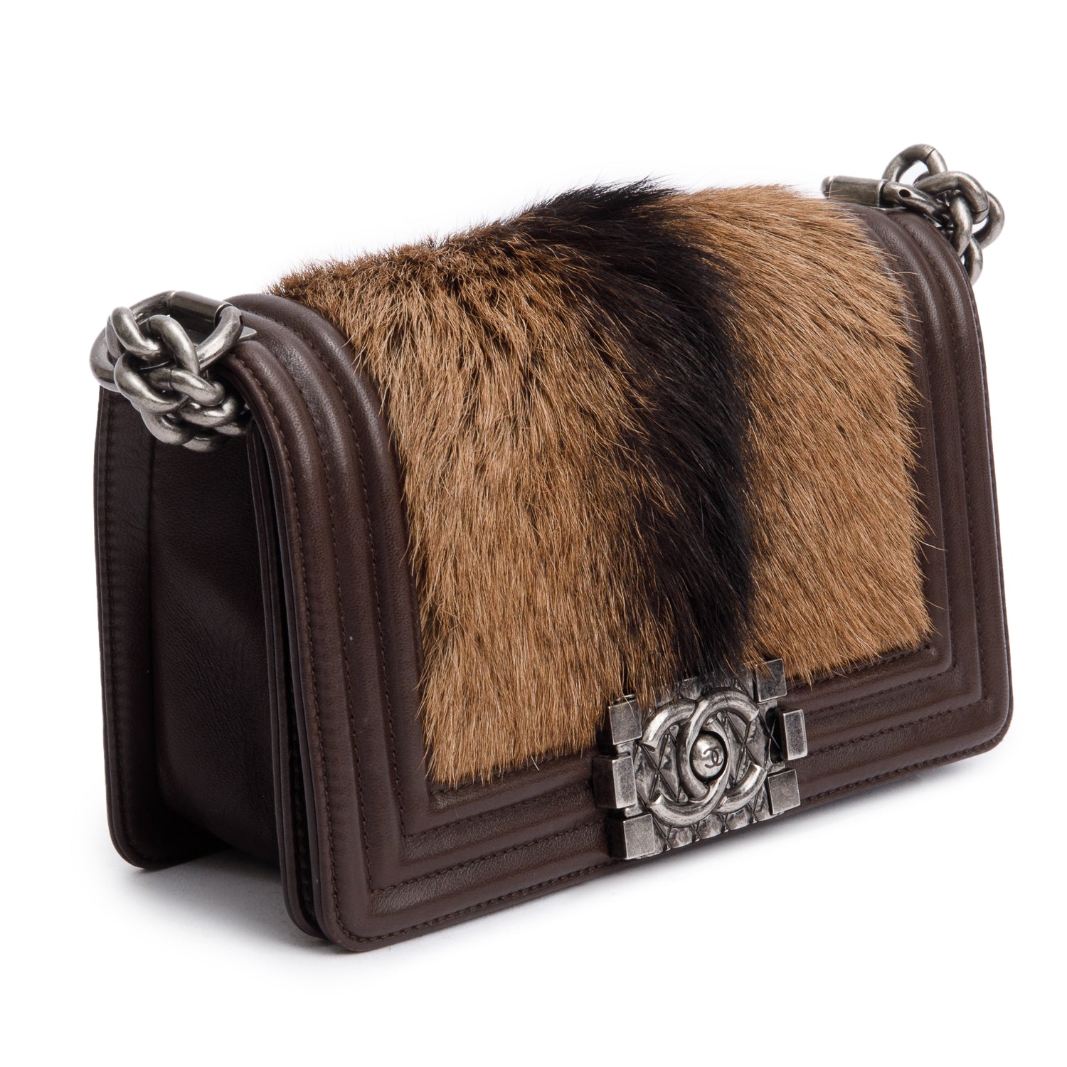 Chanel Brown Lambskin Leather Ponyhair Small Boy Bag w/ Authenticity Card