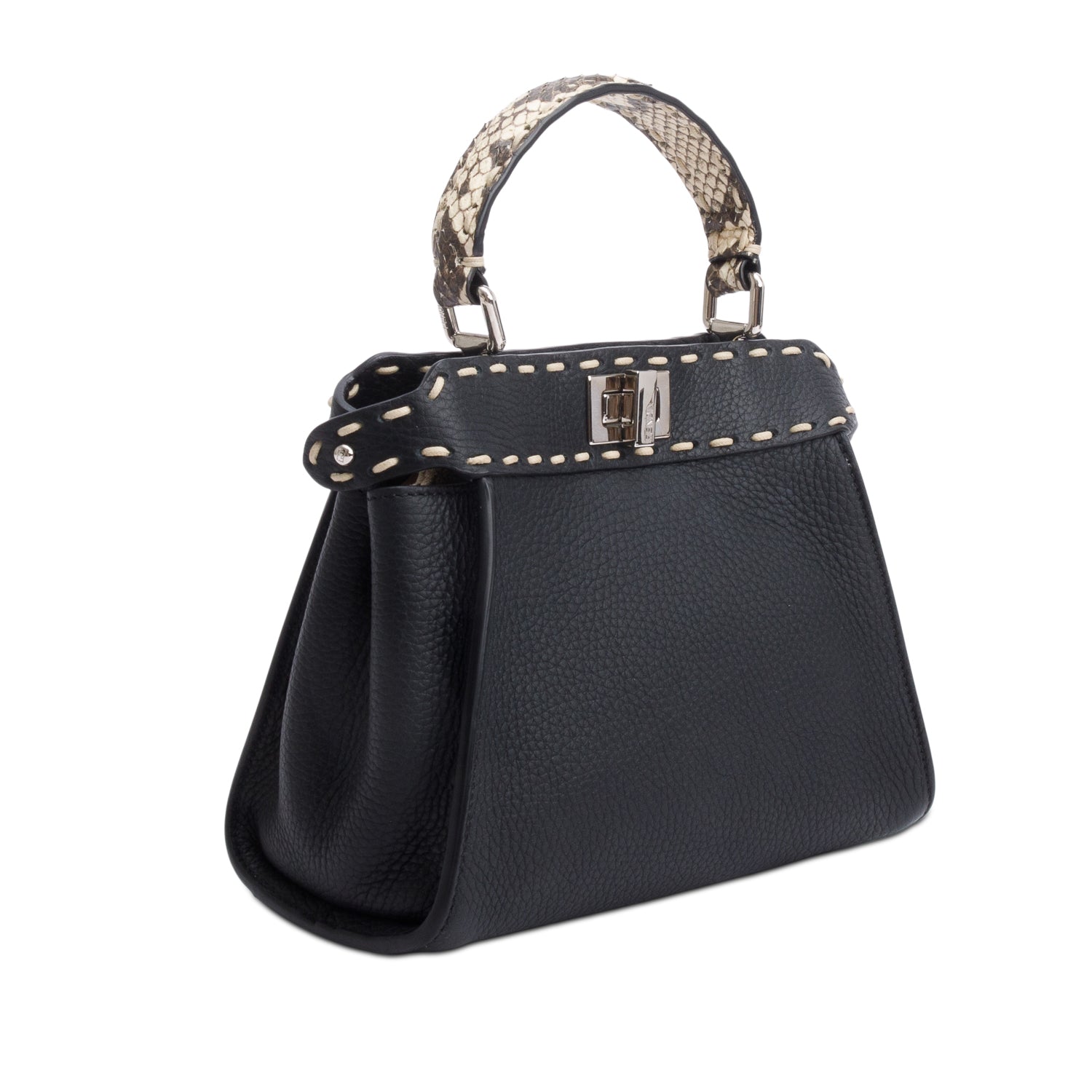 Fendi 2022 Black Calfskin Leather Python Trim Mini Selleria Peekaboo Bag w/ Straps