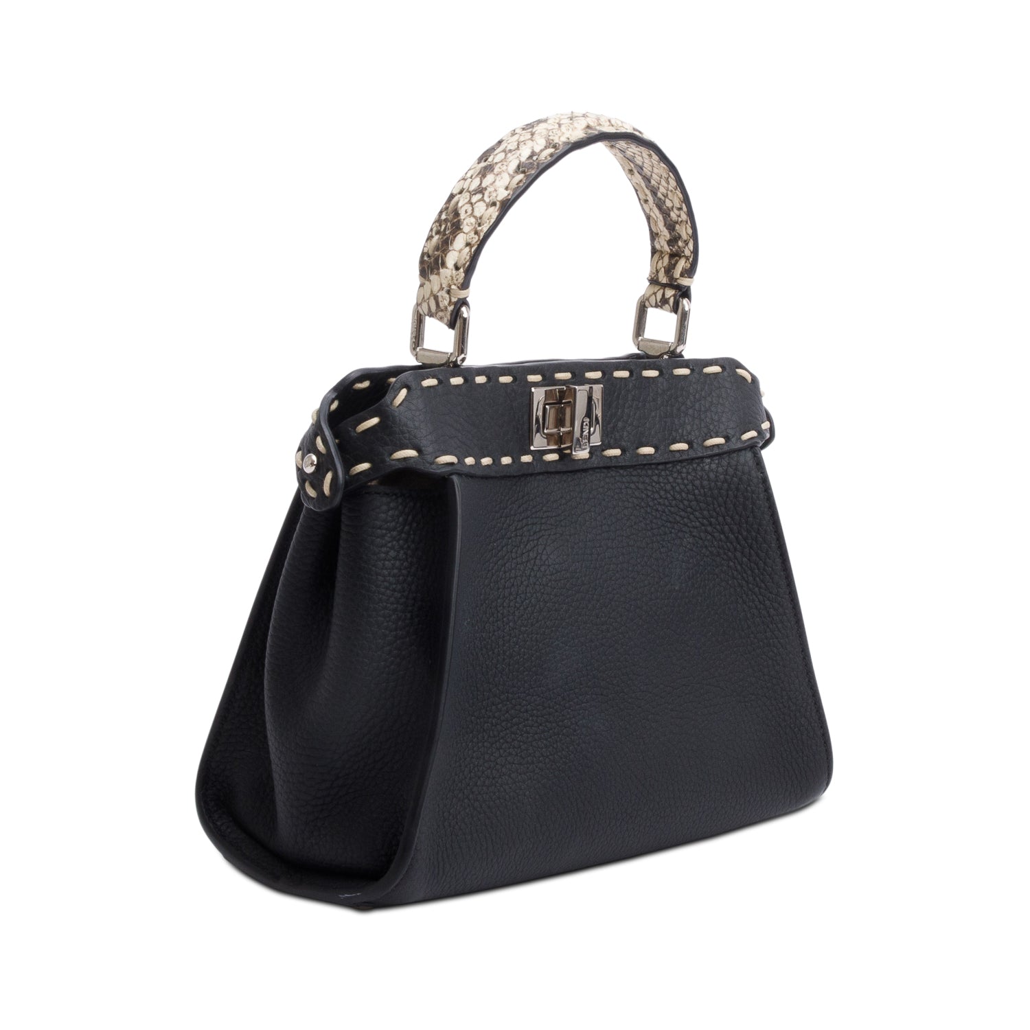 Fendi 2022 Black Calfskin Leather Python Trim Mini Selleria Peekaboo Bag w/ Straps