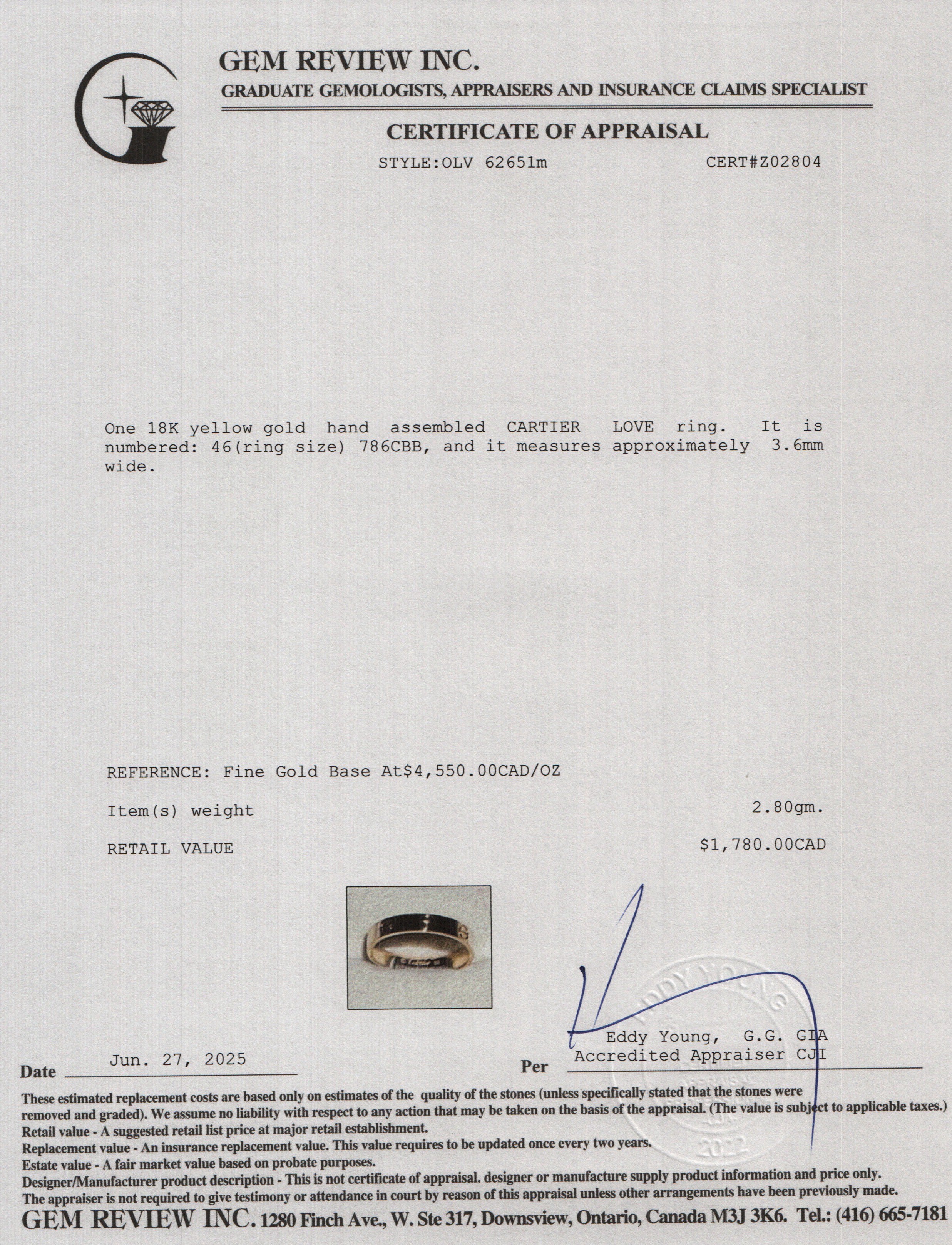 Cartier 2025 18k Yellow Gold 3.6 mm Love Wedding Band Ring, Size 46 3.75 w/ Box, Receipt & Certificate