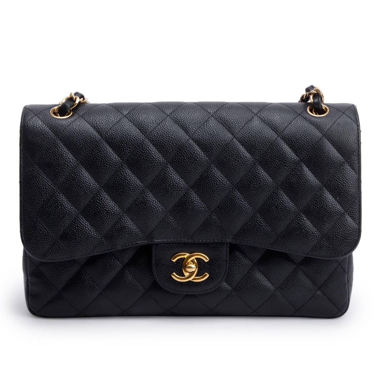 Chanel Black Quilted Caviar Leather Classic Jumbo Double Flap Bag w/ Box & Authenticity Card