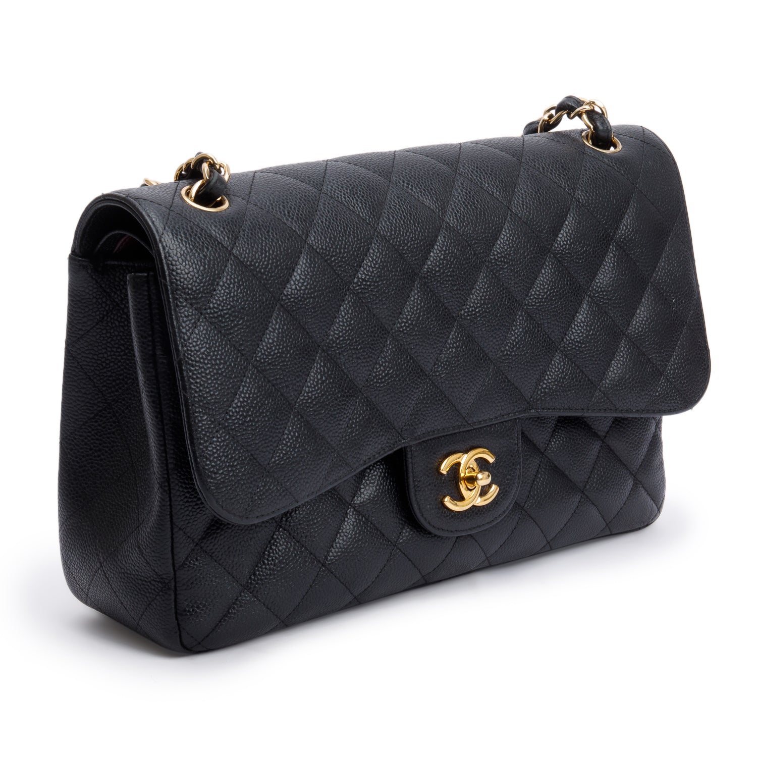 Chanel Black Quilted Caviar Leather Classic Jumbo Double Flap Bag w/ Box & Authenticity Card