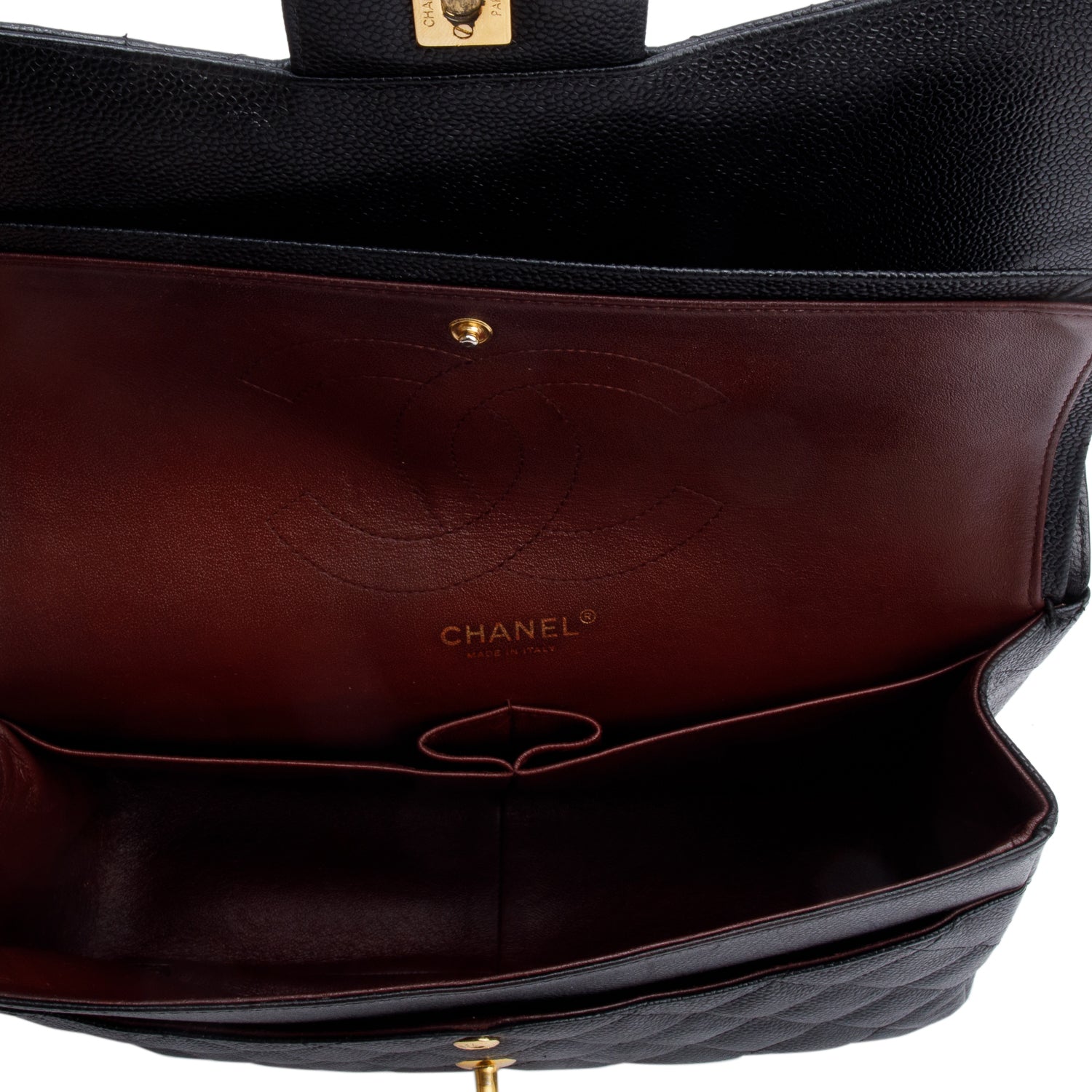 Chanel Black Quilted Caviar Leather Classic Jumbo Double Flap Bag w/ Box & Authenticity Card