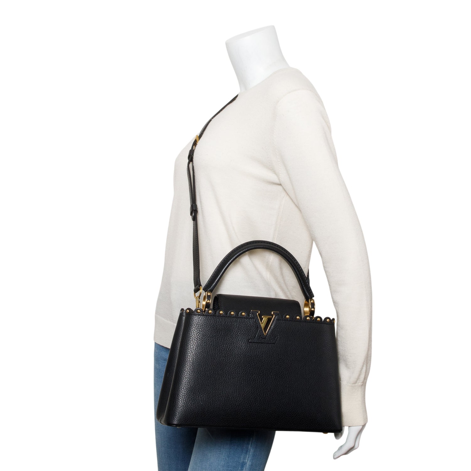 Louis Vuitton Black Taurillon Studded Capucines MM w/ Strap