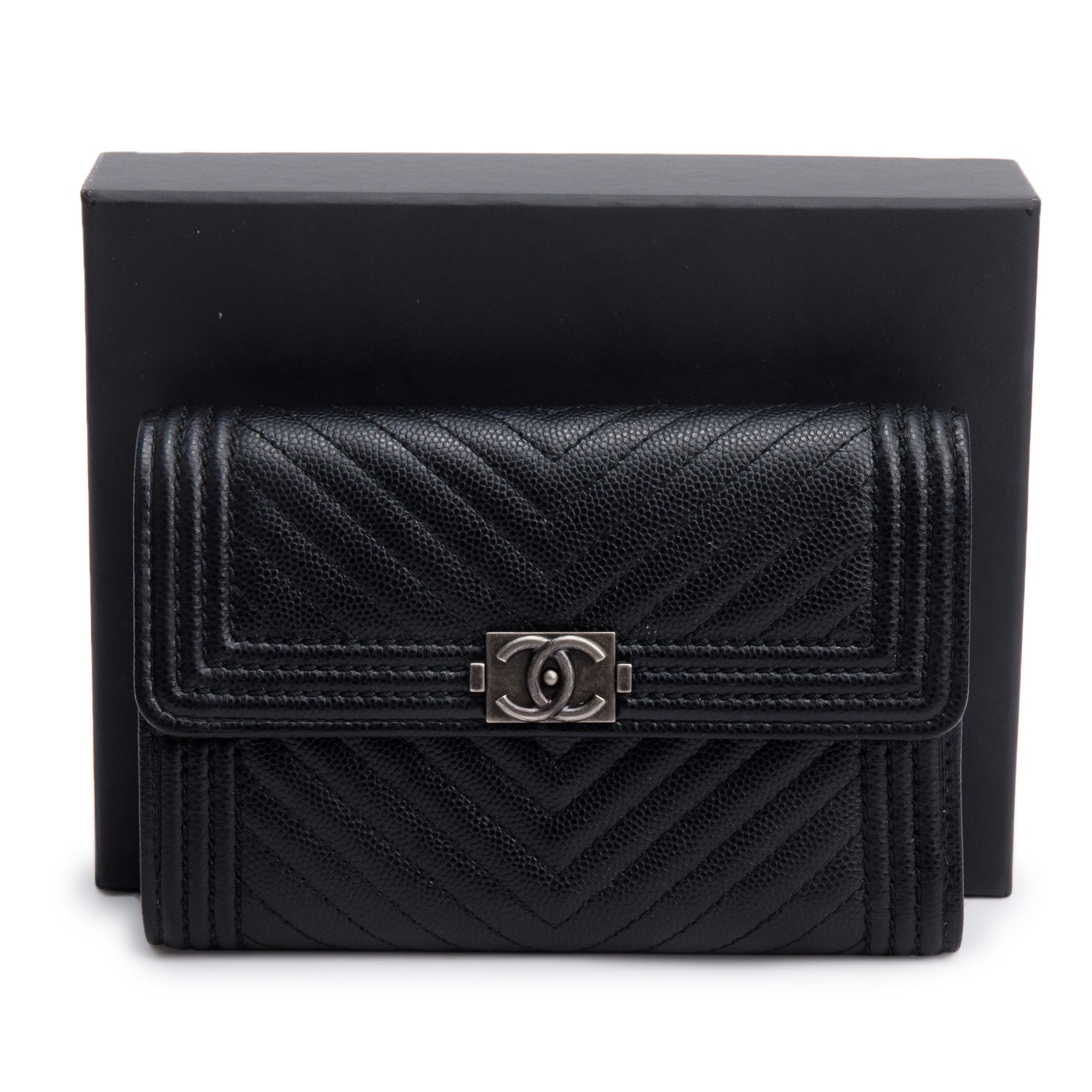 Chanel Black Chevron Caviar Leather Medium Boy Flap Wallet w/ Box & Authenticity Card