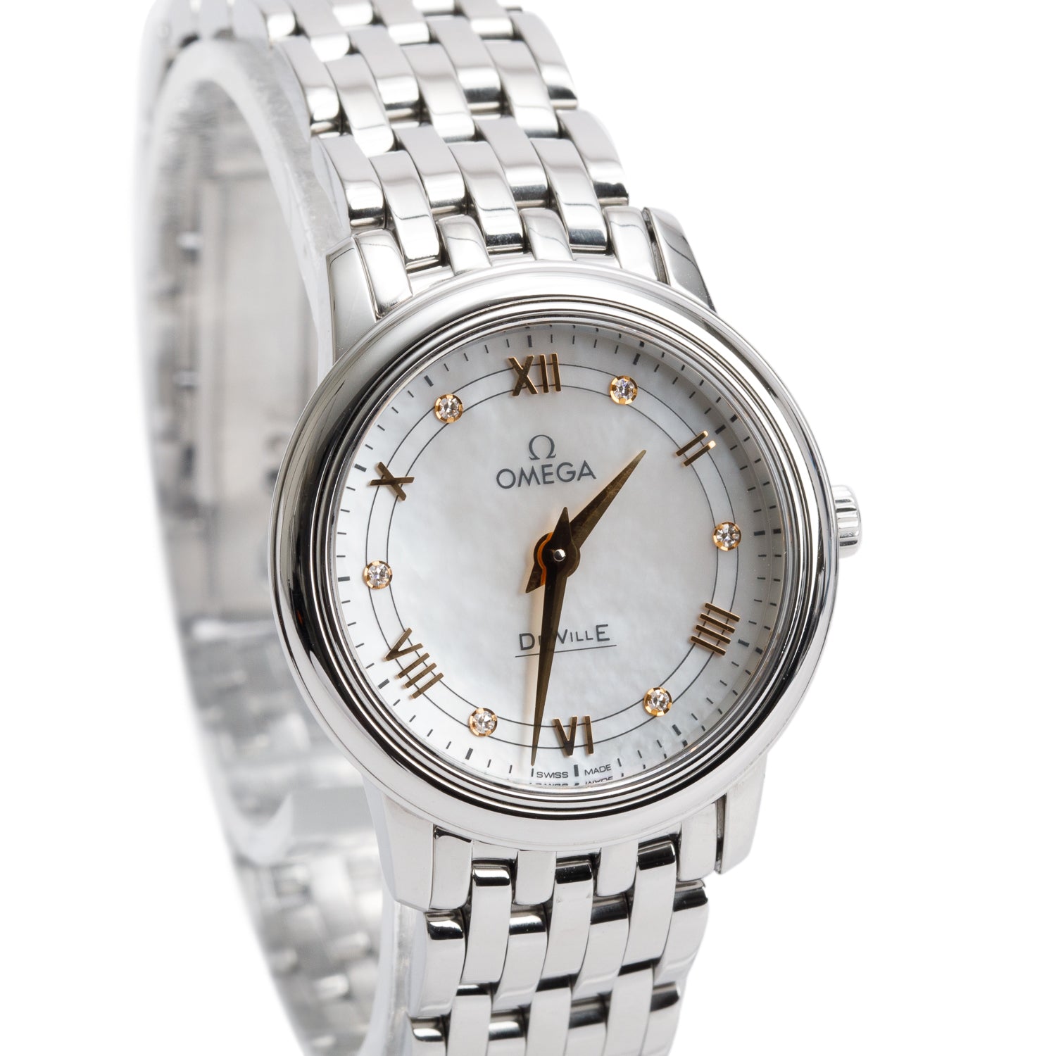 Omega Stainless Steel De Ville Prestige 27.4 MM Quartz Watch Mother of Pearl Diamond Dial w/ Box & Papers
