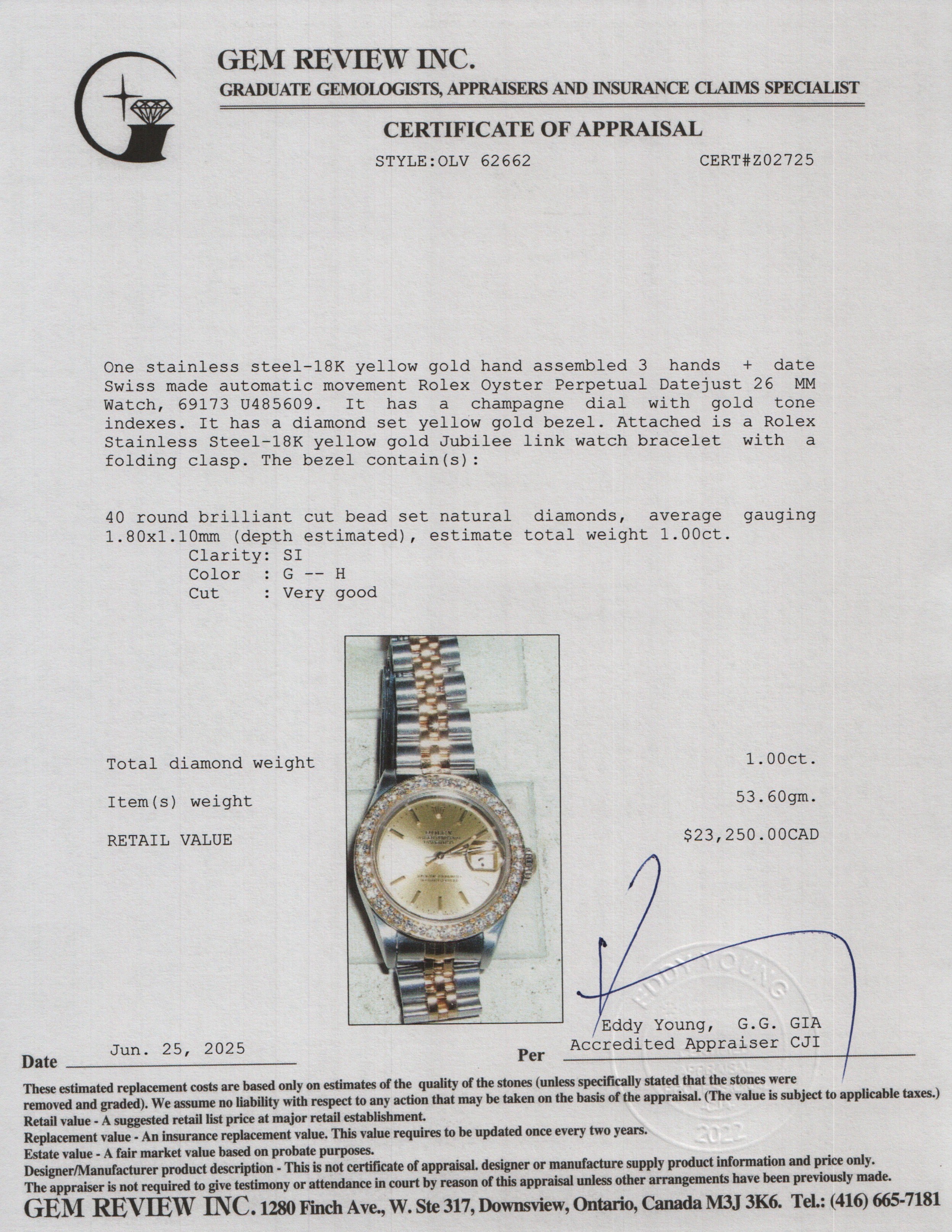 Rolex Stainless Steel & 18k Yellow Gold Diamond Bezel Datejust 26 MM Watch 69173 w/ Box & Papers