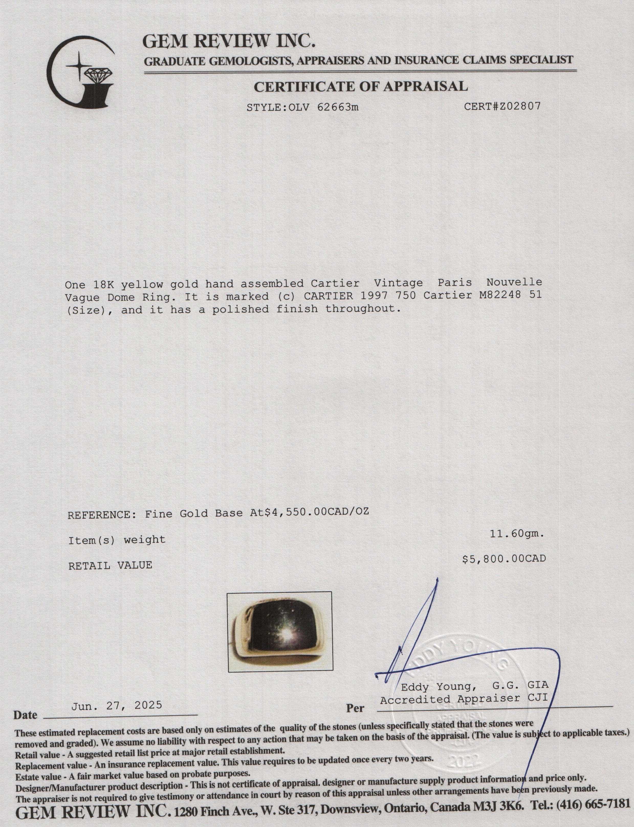 Cartier Vintage Paris 18k Yellow Gold Nouvelle Vague Dome Ring, Size 51 5.75