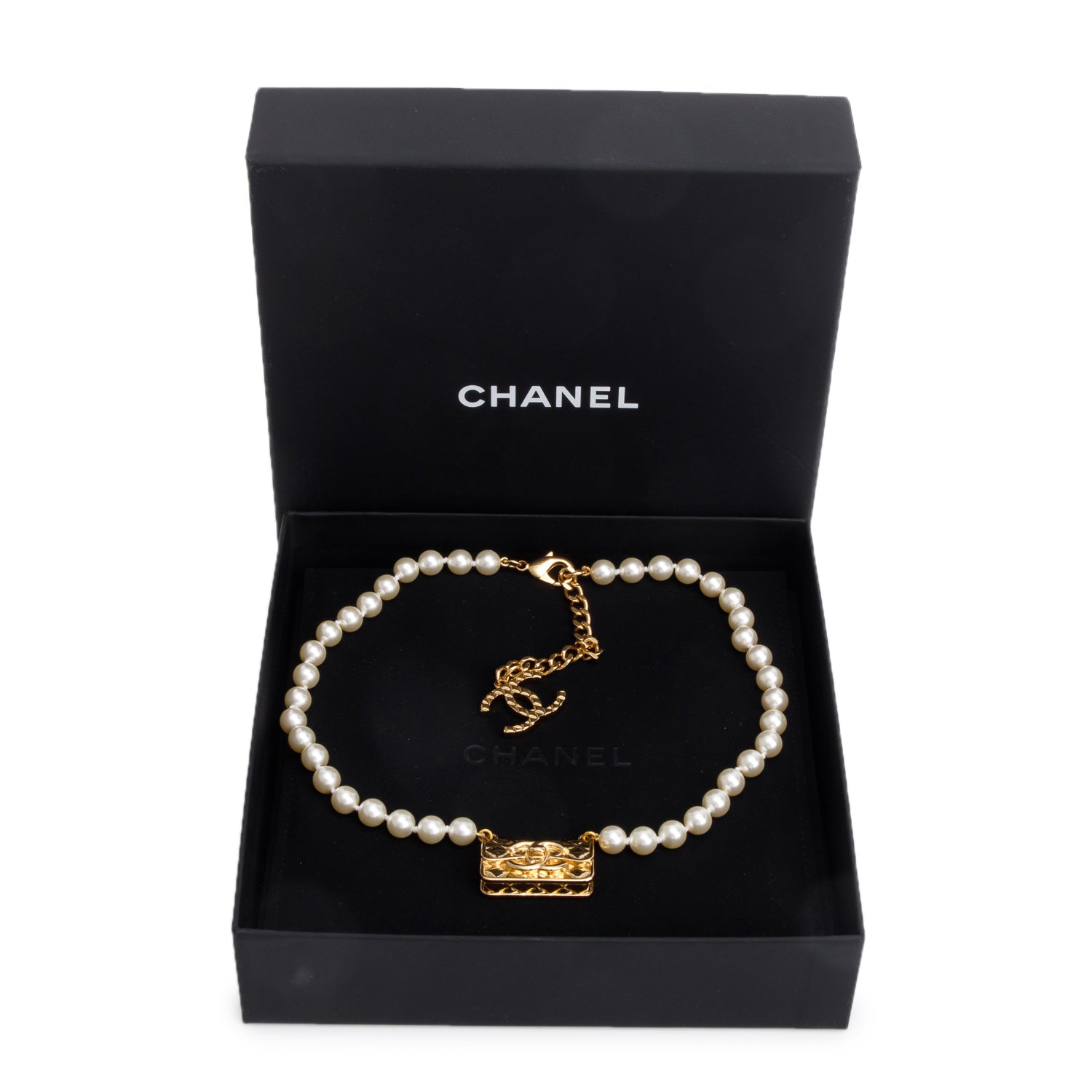 Chanel 2023 Gold-Plated Matelasse CC Flap Bag Faux Pearl Necklace w/ Box