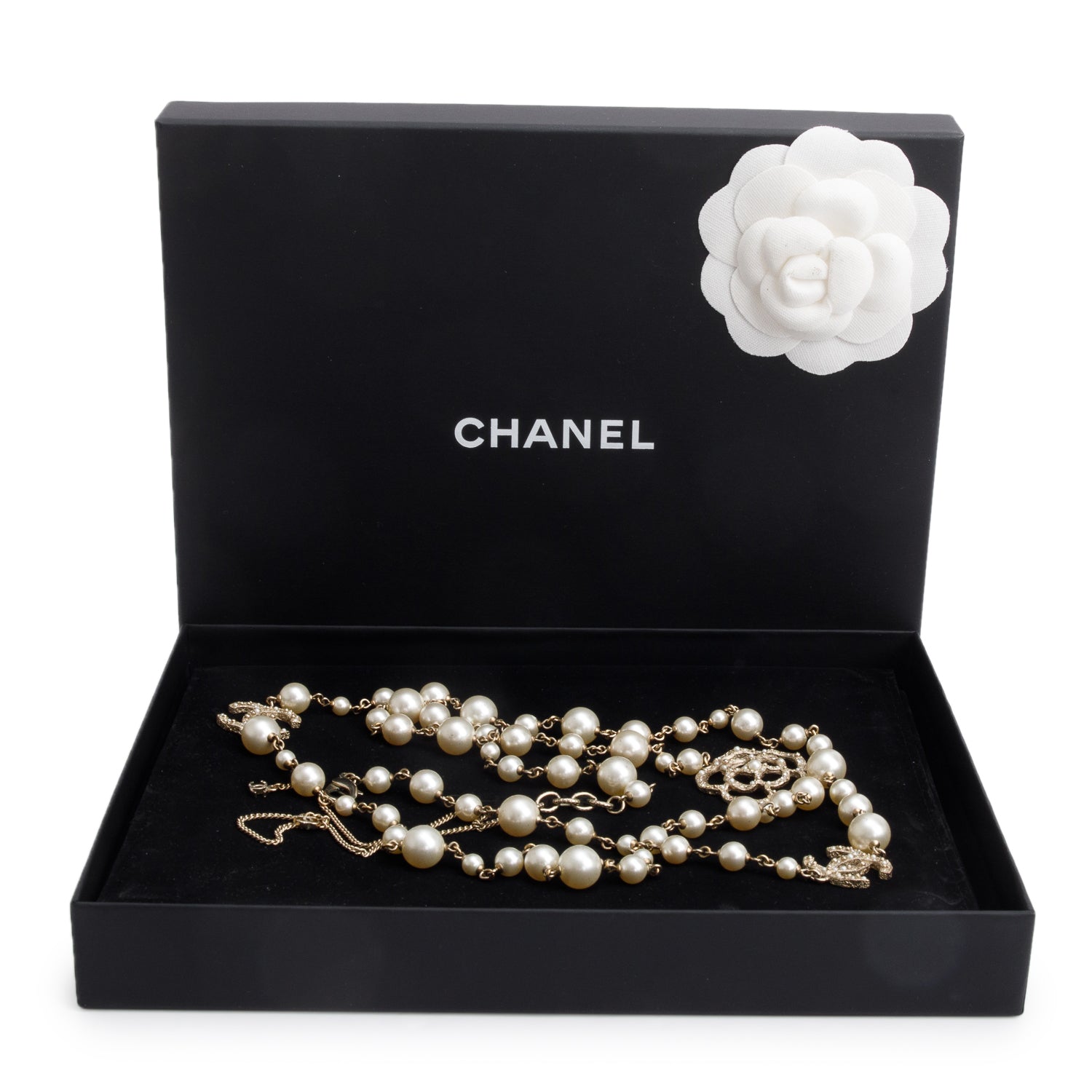 Chanel Gold-Plated Camellia CC Faux Pearl Long Necklace w/ Box