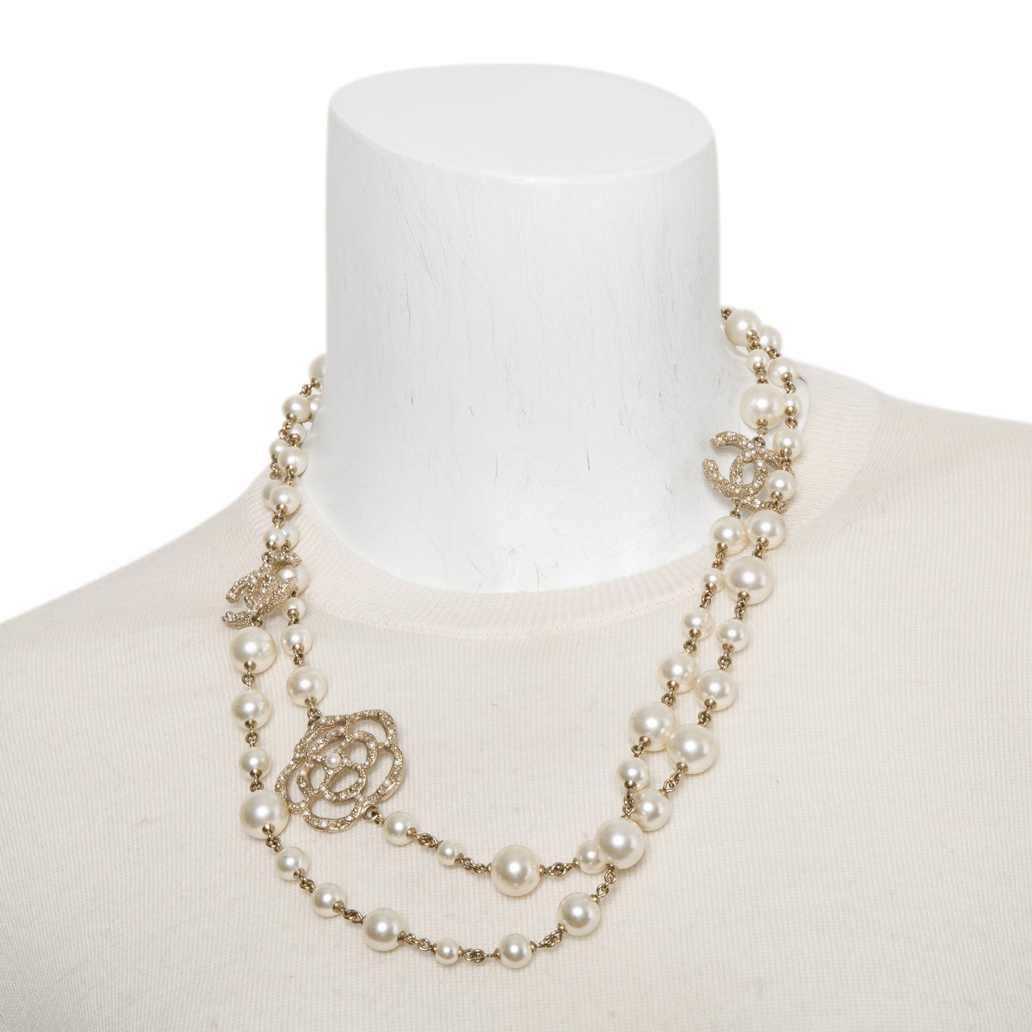 Chanel Gold-Plated Camellia CC Faux Pearl Long Necklace w/ Box