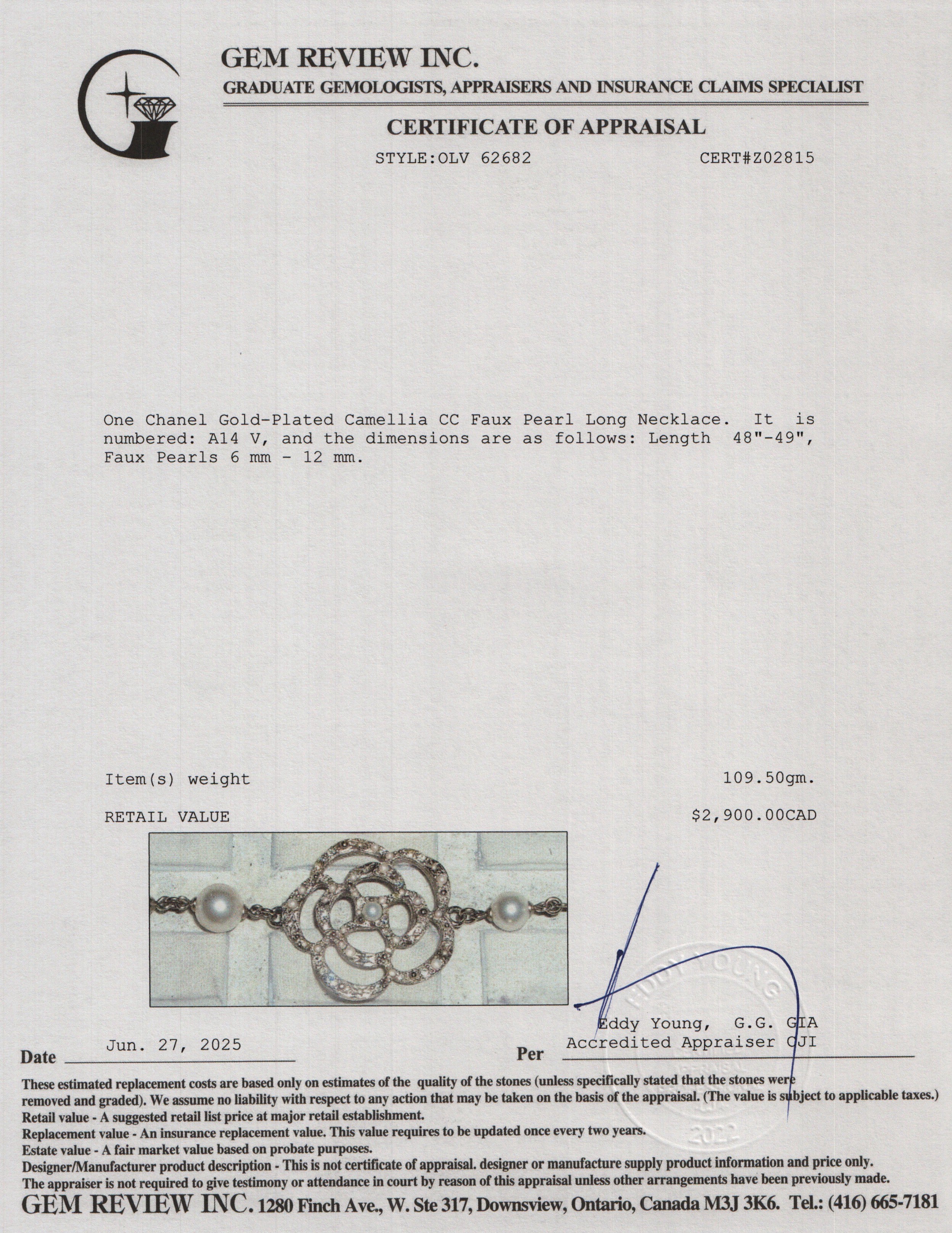 Chanel Gold-Plated Camellia CC Faux Pearl Long Necklace w/ Box