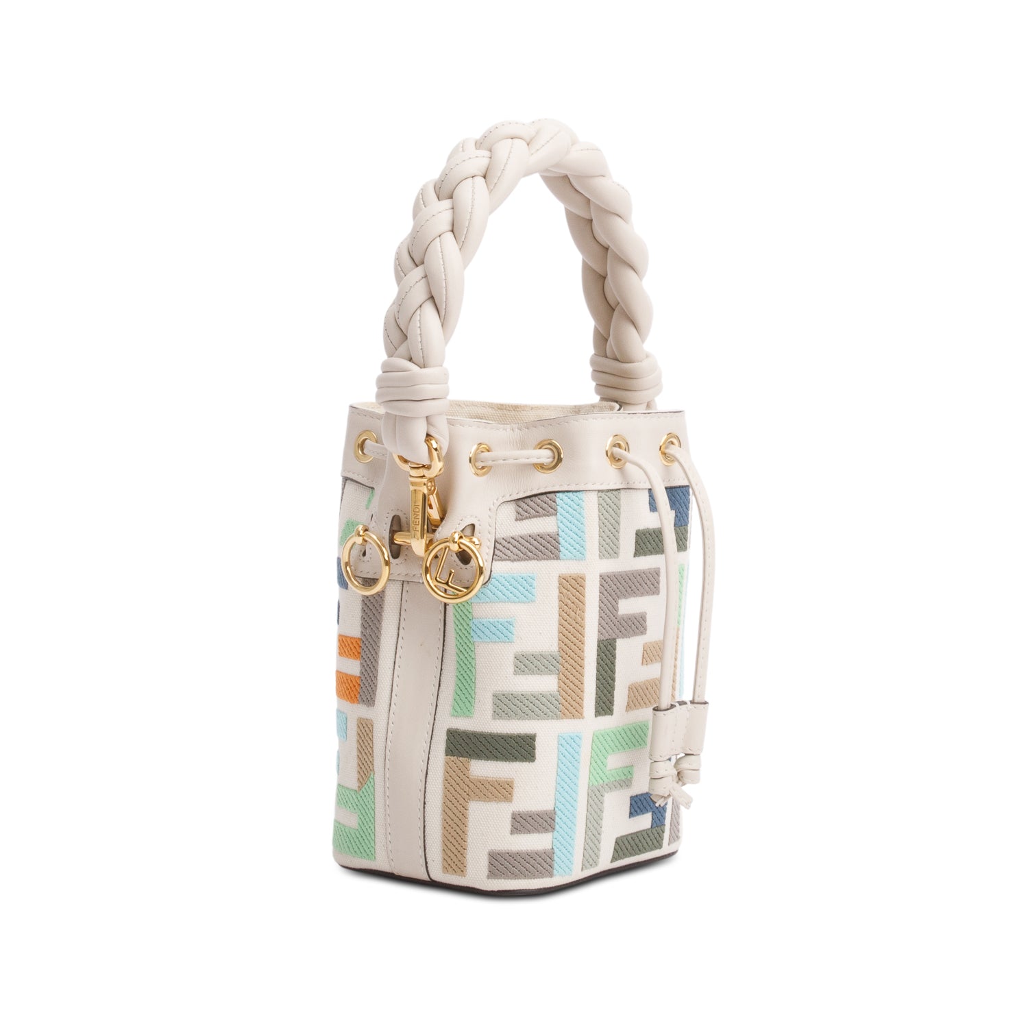Fendi White/Multicolor FF Embroidered Canvas F is Fendi Mini Mon Tresor Bucket Bag