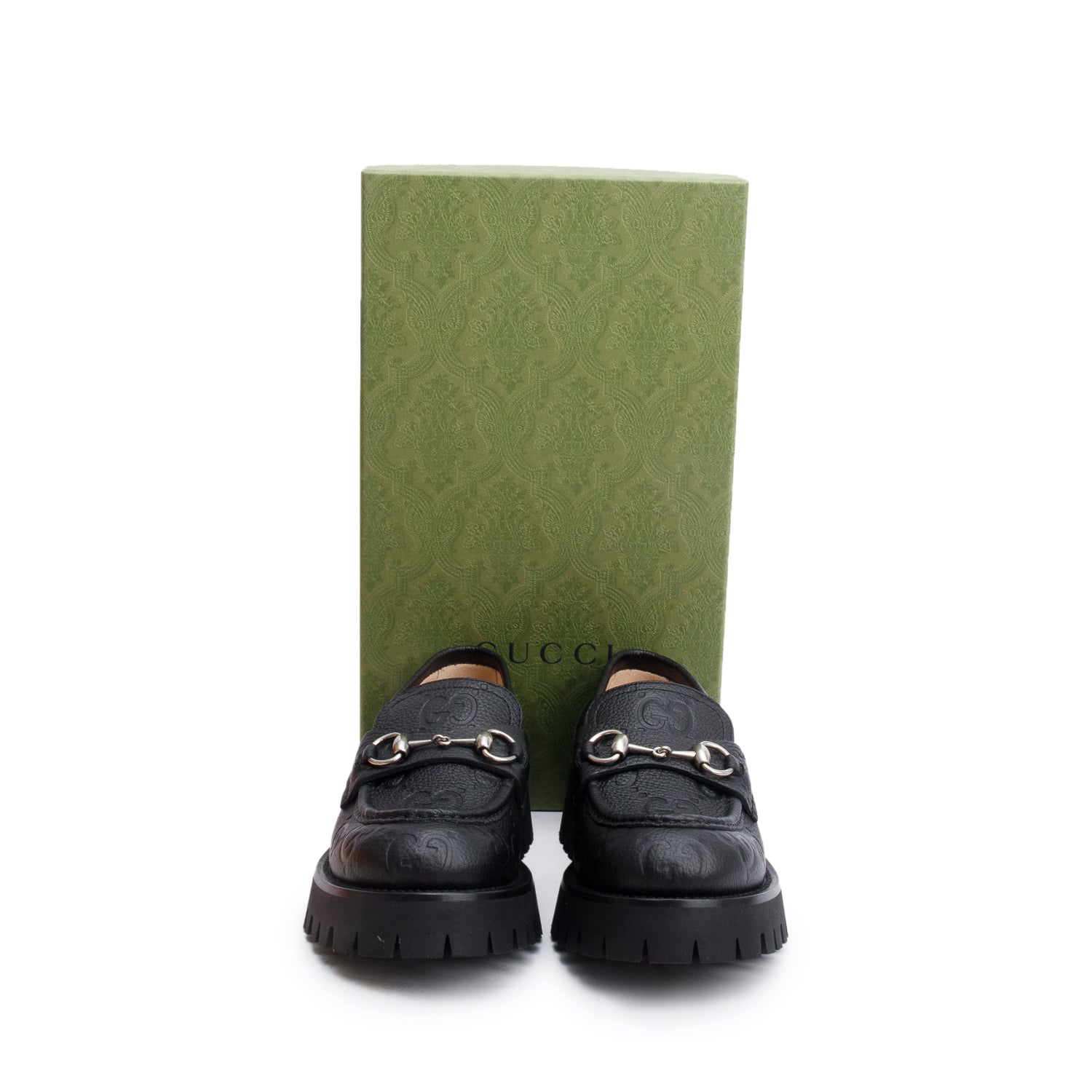 Gucci Black GG Embossed Calfskin Leather Horsebit Accent Lug Sole Loafers, Size 39 w/ Box