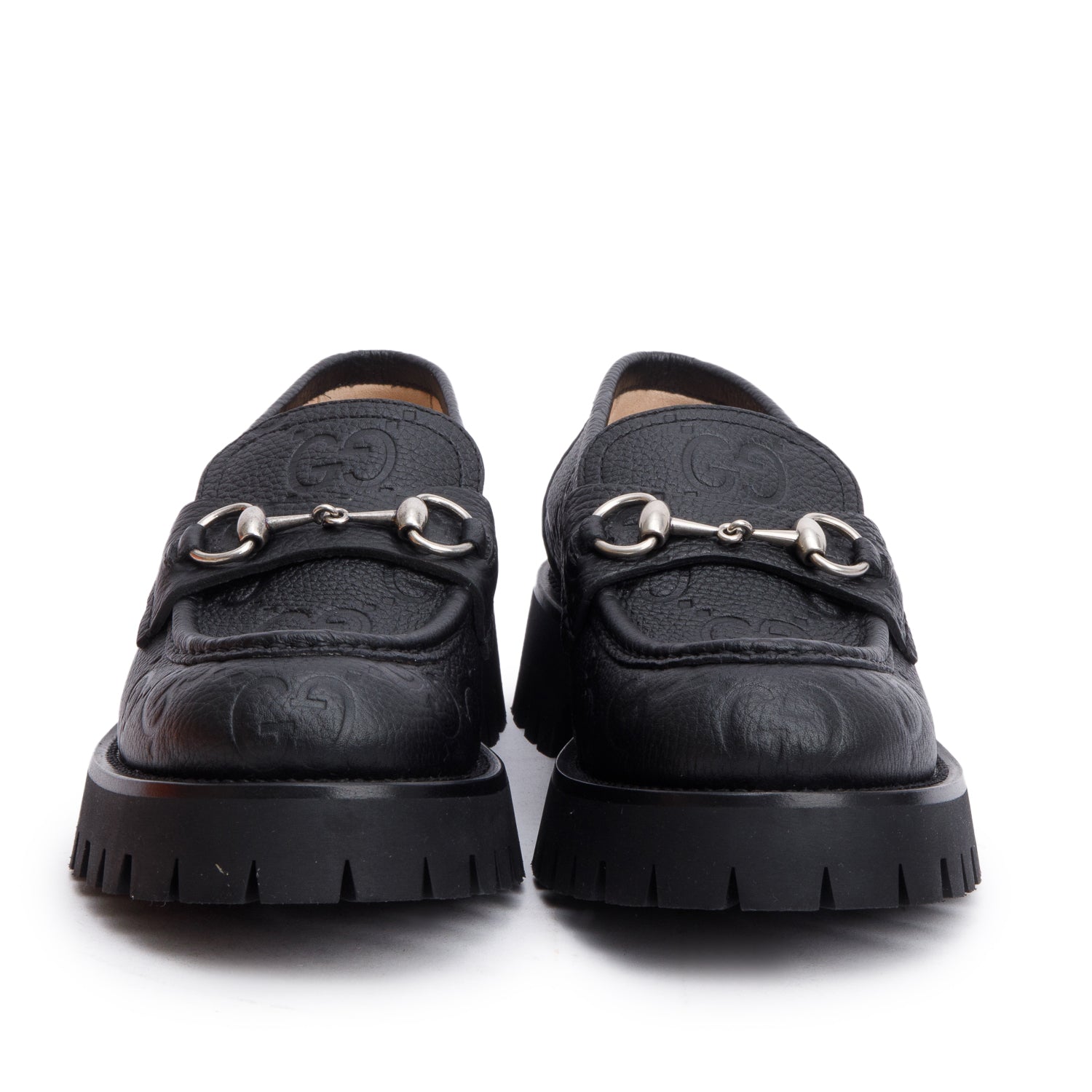 Gucci Black GG Embossed Calfskin Leather Horsebit Accent Lug Sole Loafers, Size 39 w/ Box