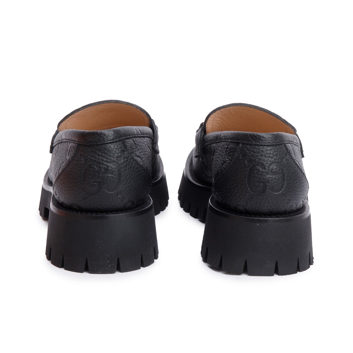 Gucci Black GG Embossed Calfskin Leather Horsebit Accent Lug Sole Loafers, Size 39 w/ Box