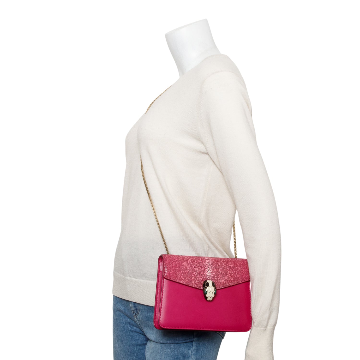 BVLGARI Pink Calfskin Leather Stingray Trim Serpenti Forever Crossbody Bag