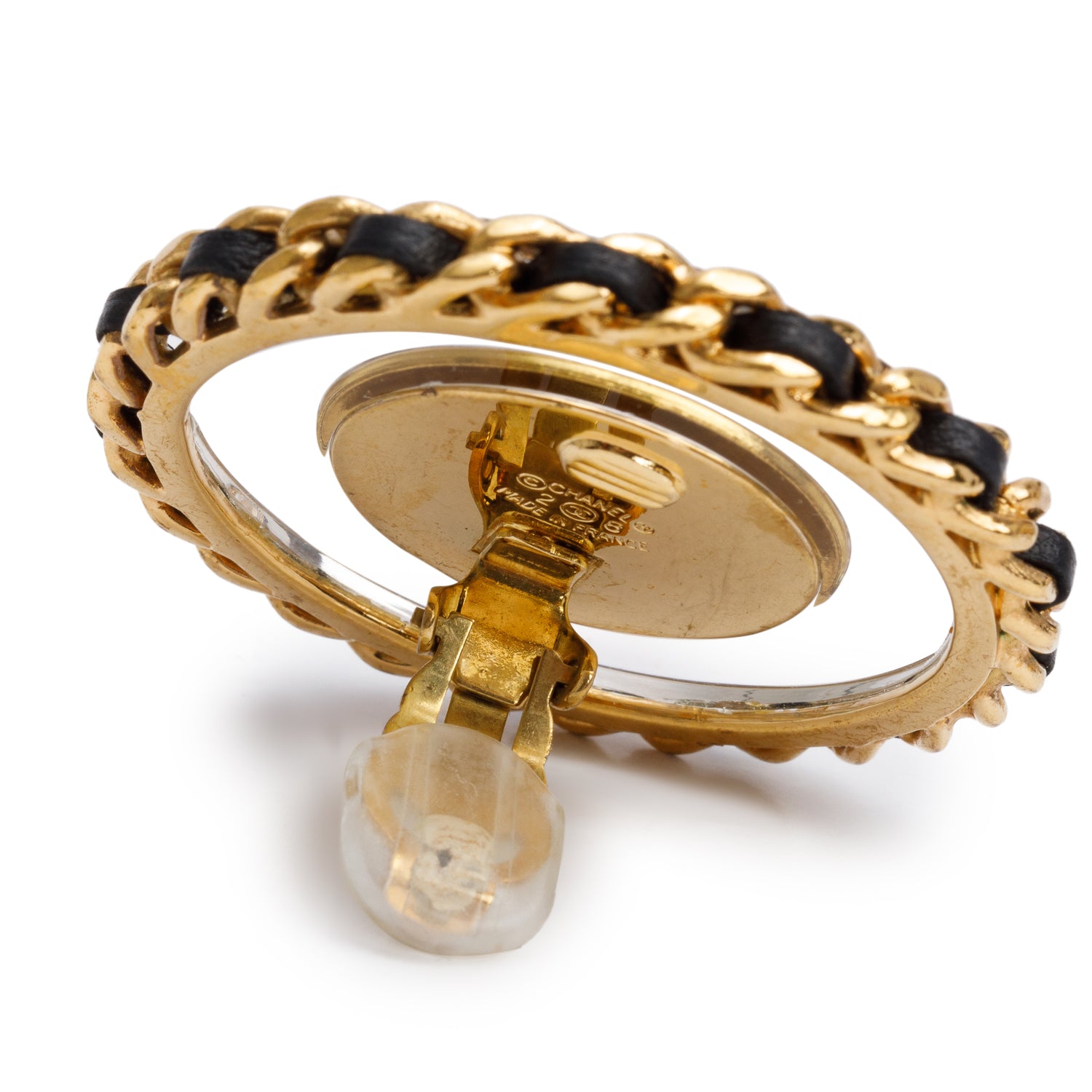 Chanel Vintage Gold-Plated Chain-Link & Black Leather Faux Pearl Large Clip-On Earrings