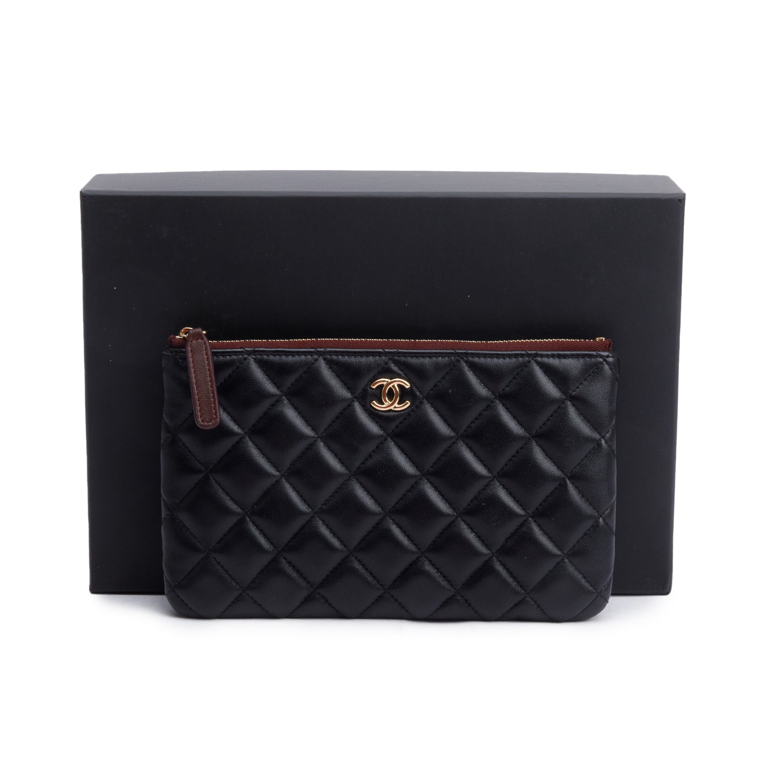 Chanel 2021 Black Quilted Lambskin Leather Classic Small O-Case Pouch w/ Box & Authenticity Card