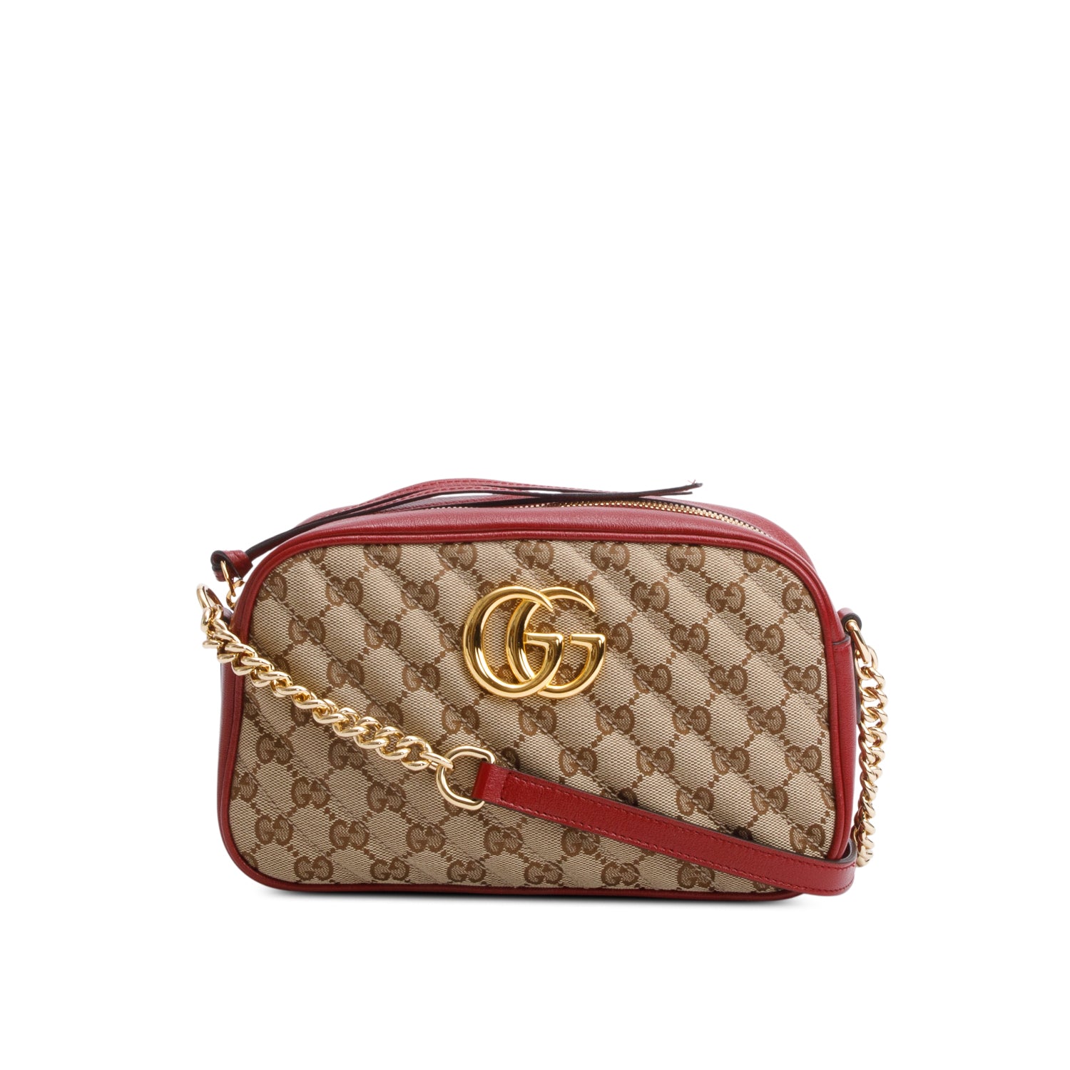 Gucci Red Leather Trim GG Canvas Marmont Matelasse Small Shoulder Bag w/ Box