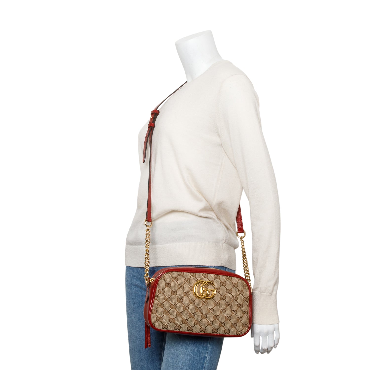 Gucci Red Leather Trim GG Canvas Marmont Matelasse Small Shoulder Bag w/ Box
