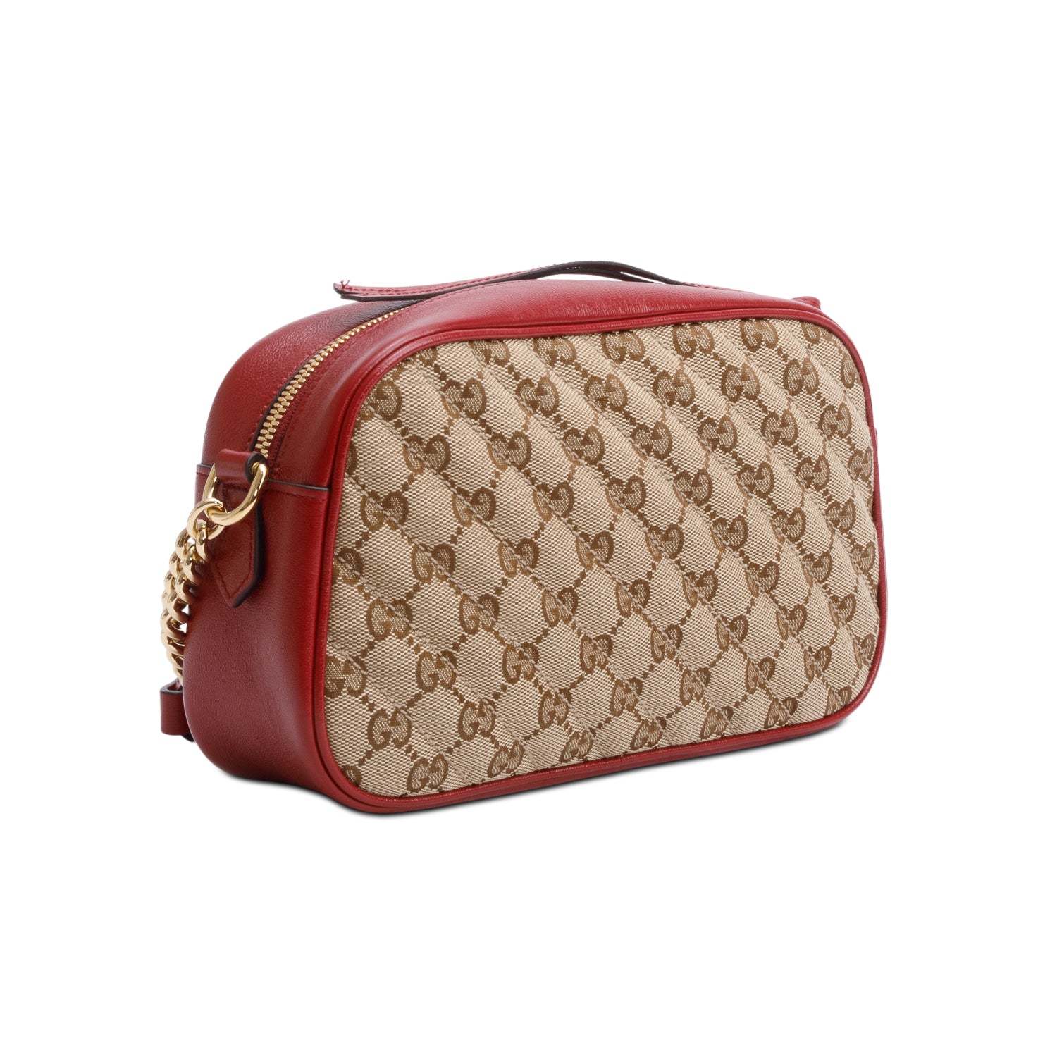 Gucci Red Leather Trim GG Canvas Marmont Matelasse Small Shoulder Bag w/ Box