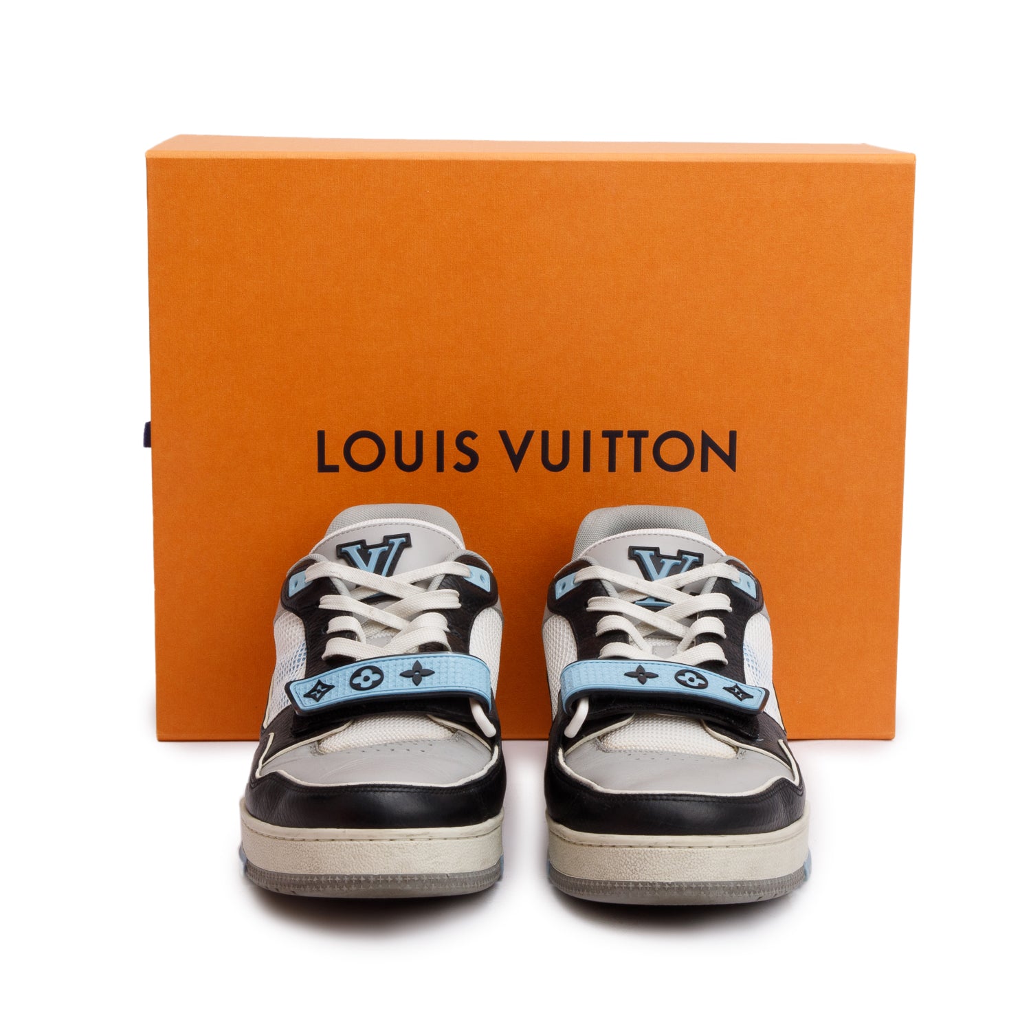 Louis Vuitton 2023 Blue Monogram Velcro Black/Grey Calfskin Leather Trainer Sneakers, Me's Size 7.5 w/ Box