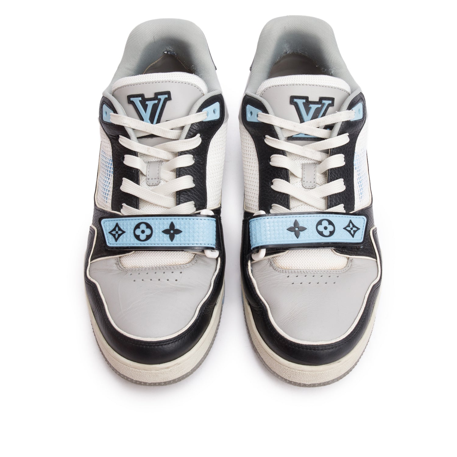 Louis Vuitton 2023 Blue Monogram Velcro Black/Grey Calfskin Leather Trainer Sneakers, Me's Size 7.5 w/ Box