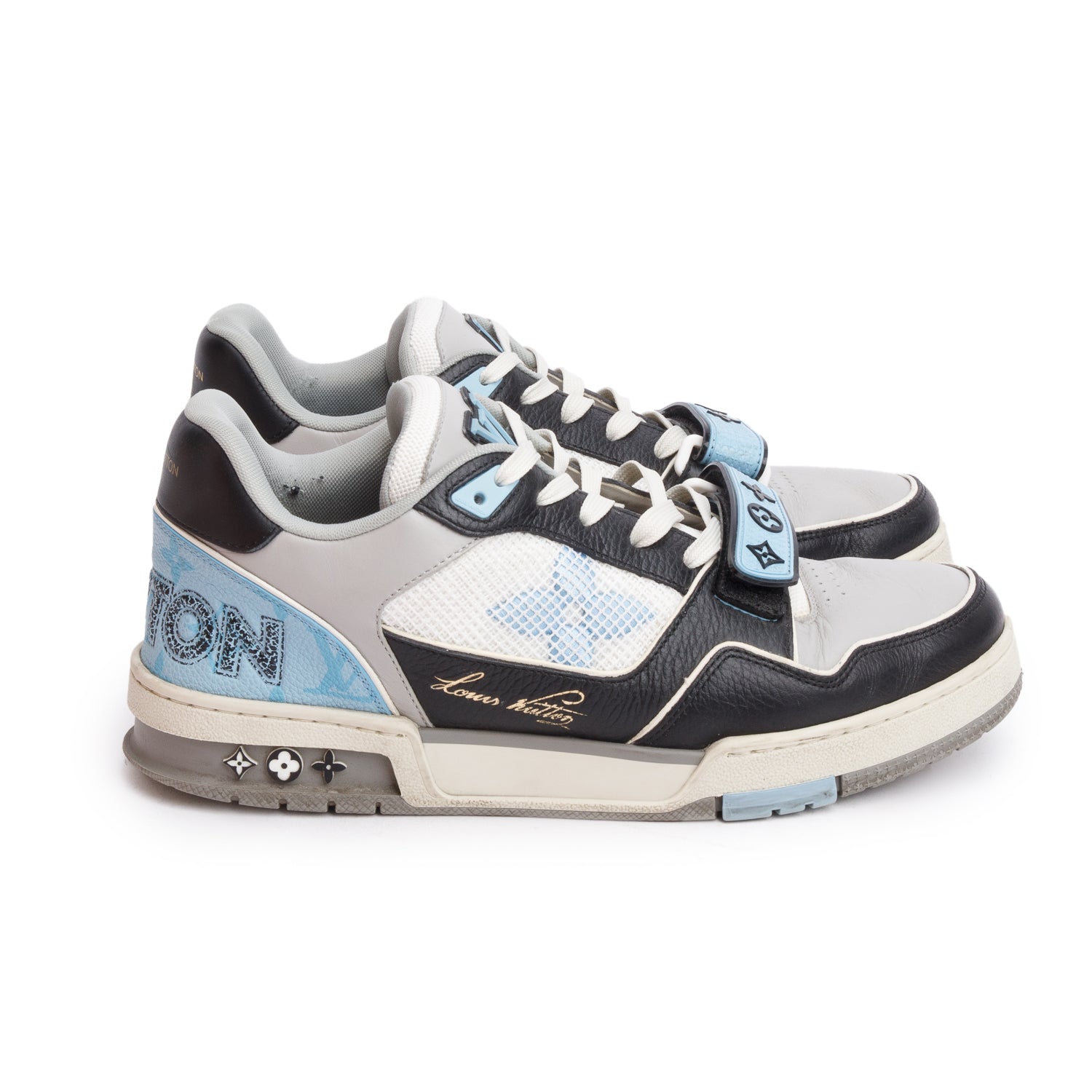 Louis Vuitton 2023 Blue Monogram Velcro Black/Grey Calfskin Leather Trainer Sneakers, Me's Size 7.5 w/ Box