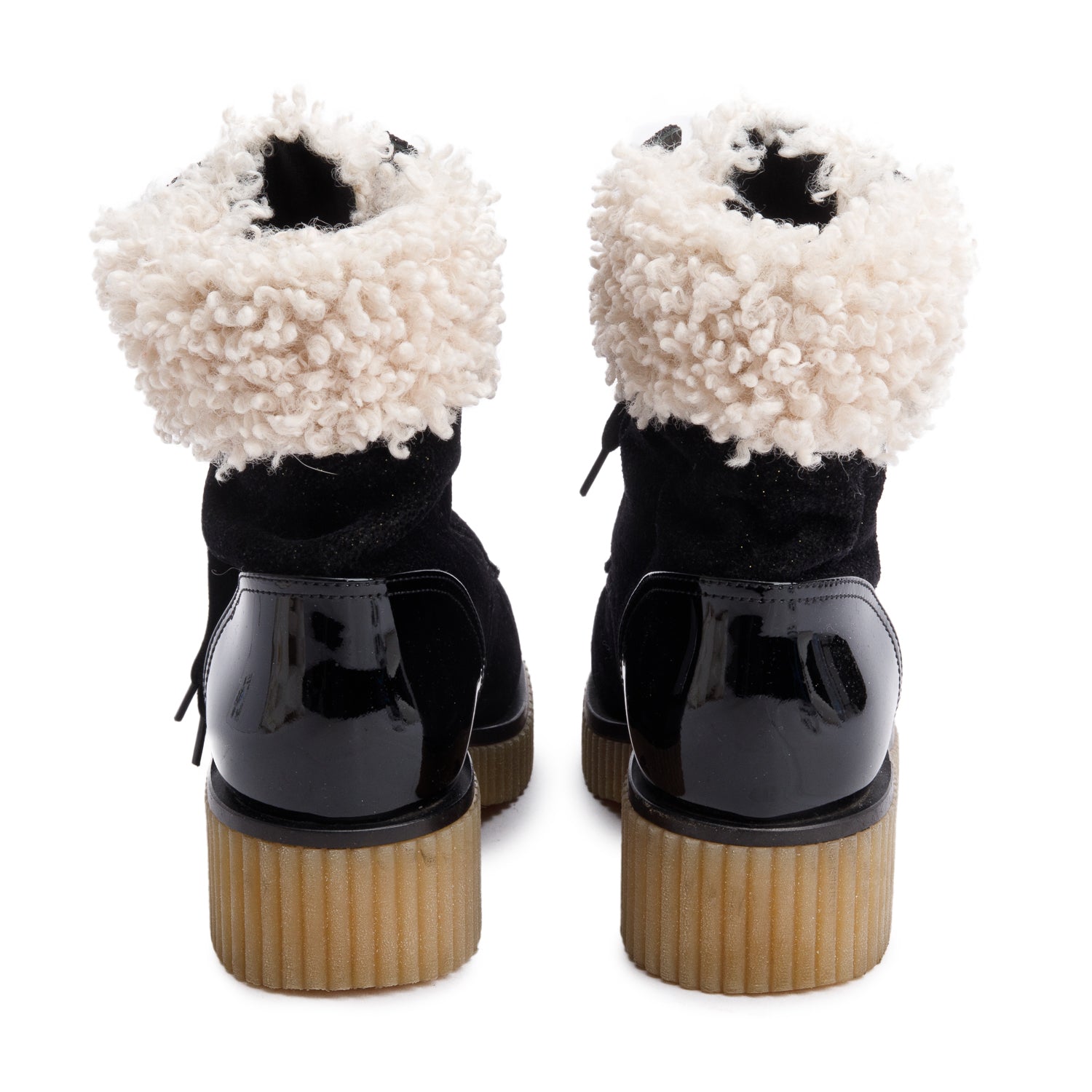 Chanel Black Patent Leather Fabric Shearling Trim Interlocking CC Logo Lace-Up Boots, Size 37 w/ Box