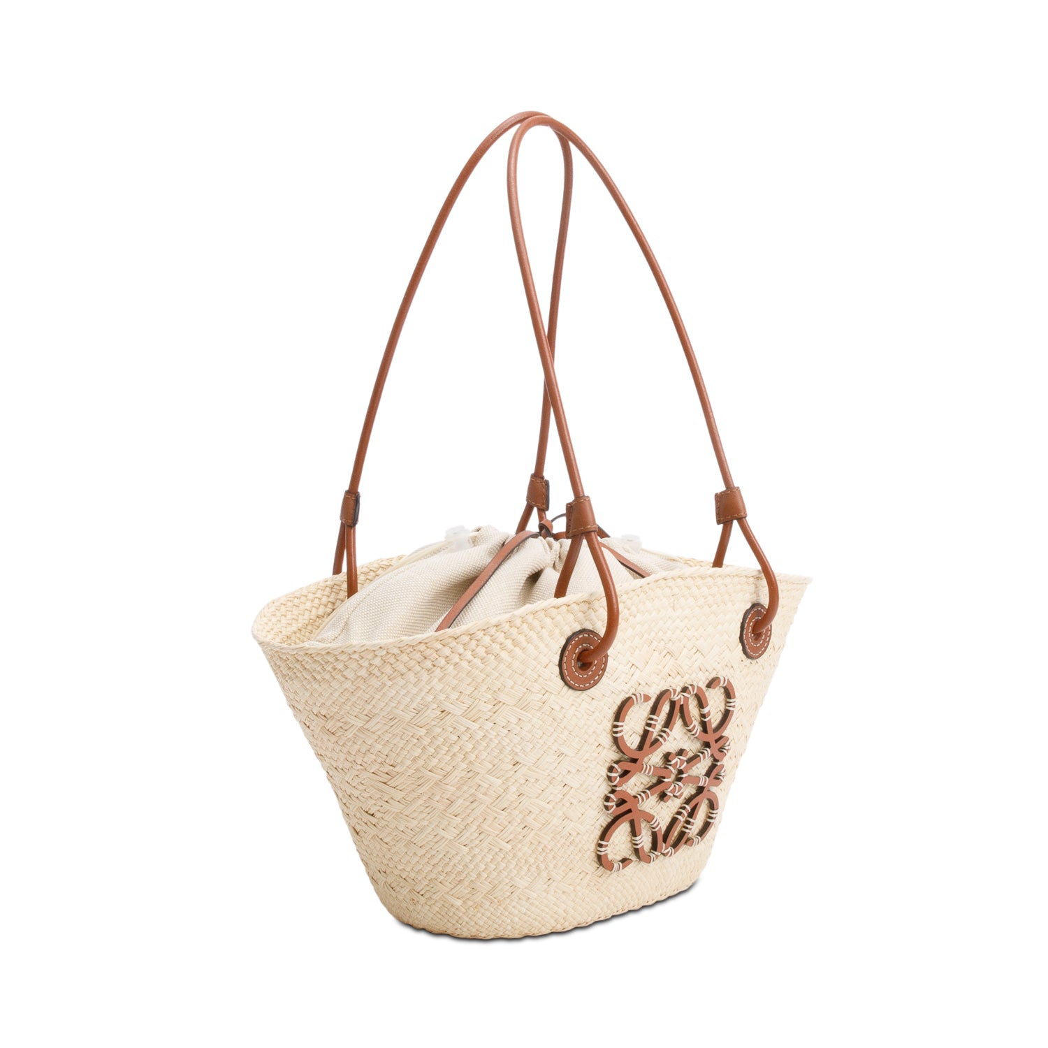 Loewe Neutral Iraca Palm Tan Leather Small Basket Bag