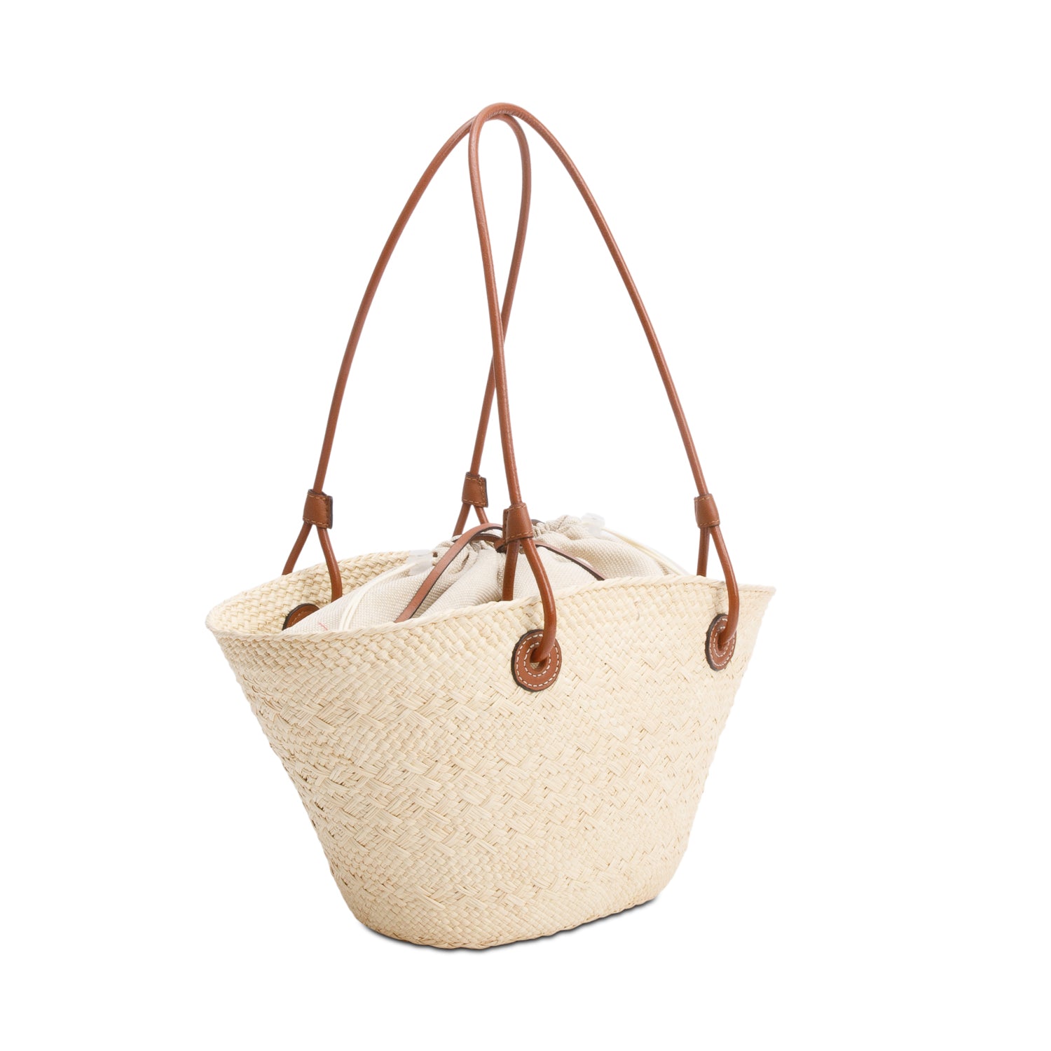 Loewe Neutral Iraca Palm Tan Leather Small Basket Bag