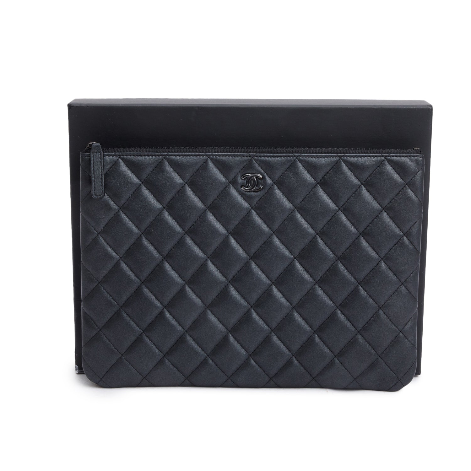 Chanel Black Quilted Lambskin Leather Medium O-Case Clutch w/ Box