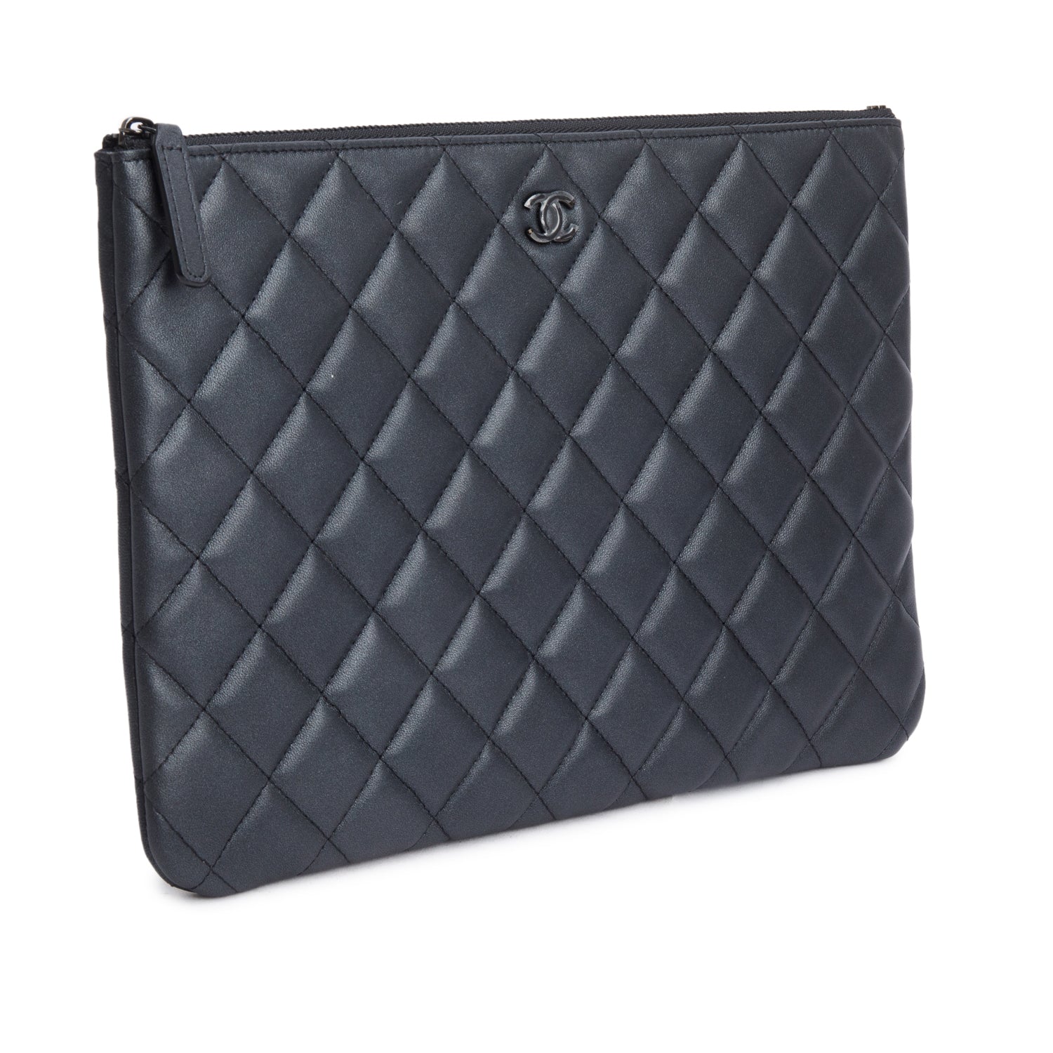 Chanel Black Quilted Lambskin Leather Medium O-Case Clutch w/ Box