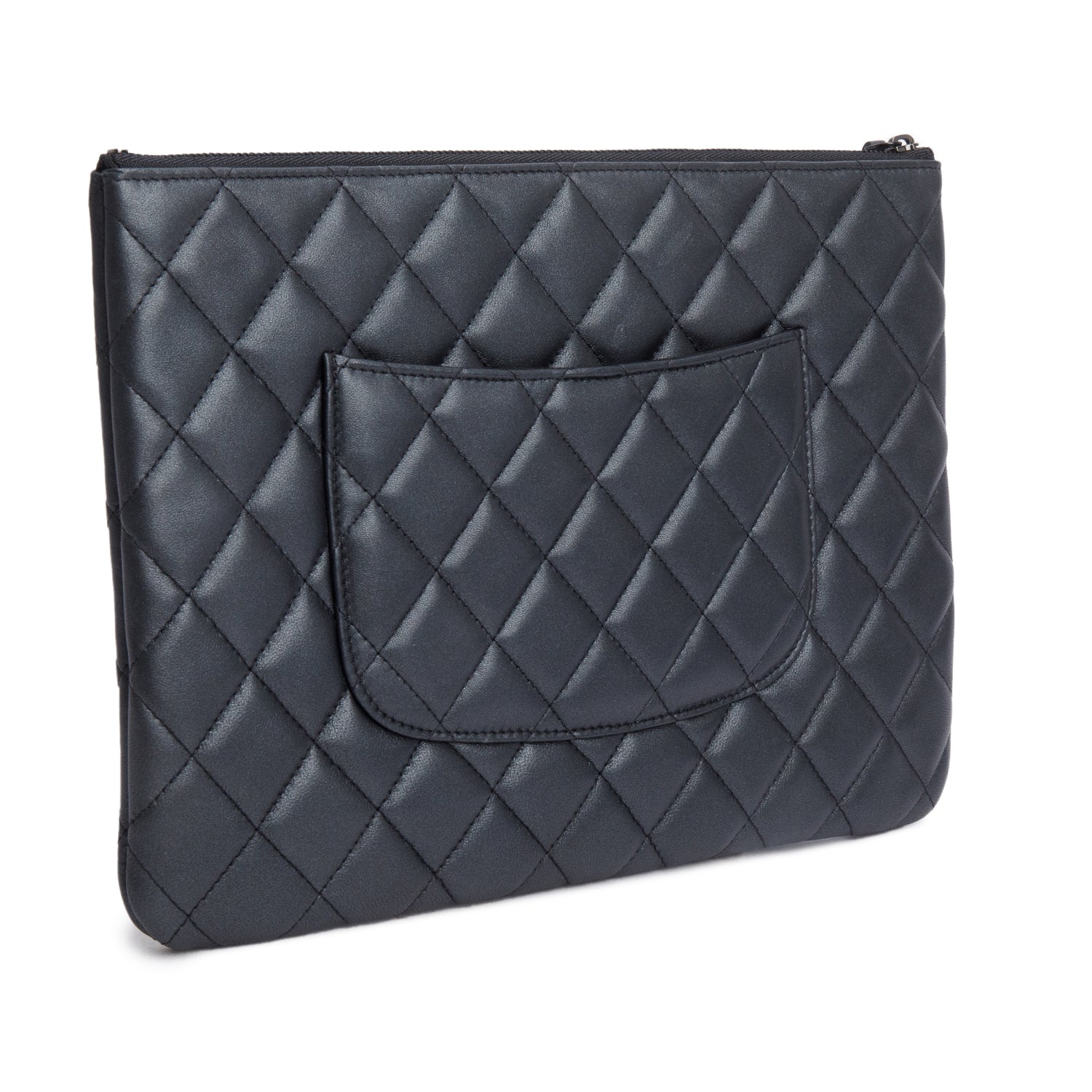 Chanel Black Quilted Lambskin Leather Medium O-Case Clutch w/ Box